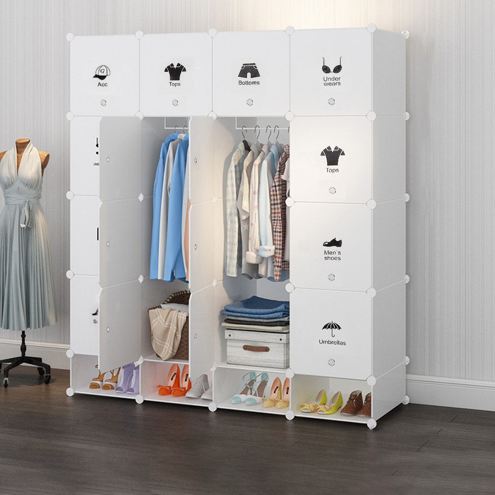 JEOBEST Kleiderschrank Tragbarer Regalsystem Schlafzimmerschrank, Schuhregal 20 Würfel Schrank aus Kunststoff mit 2 Kleiderstange Weiss – Bild 4 von 5