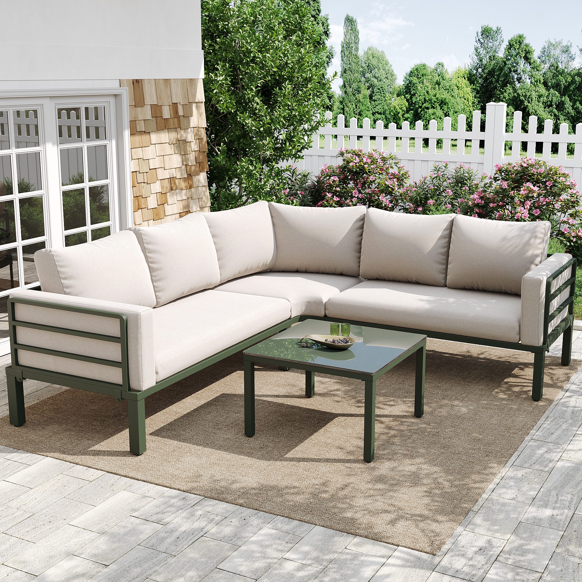 Flieks Gartenlounge-Set, 5-Sitzer Gartenmöbel Gartensofa mit Couchtisch aus gehärtetem Glas