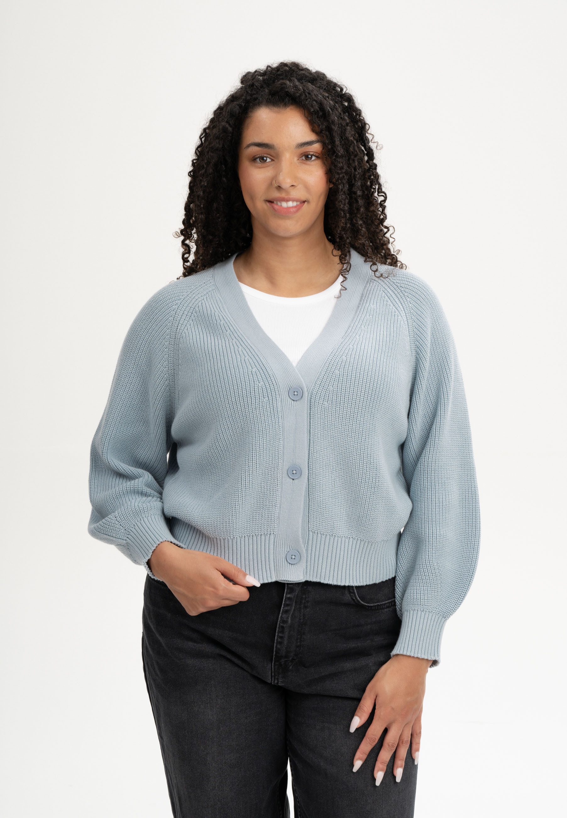 MELA Cardigan Rippstrick Cardigan Style BHUMA Gerippte Bündchen und gerippter Saum