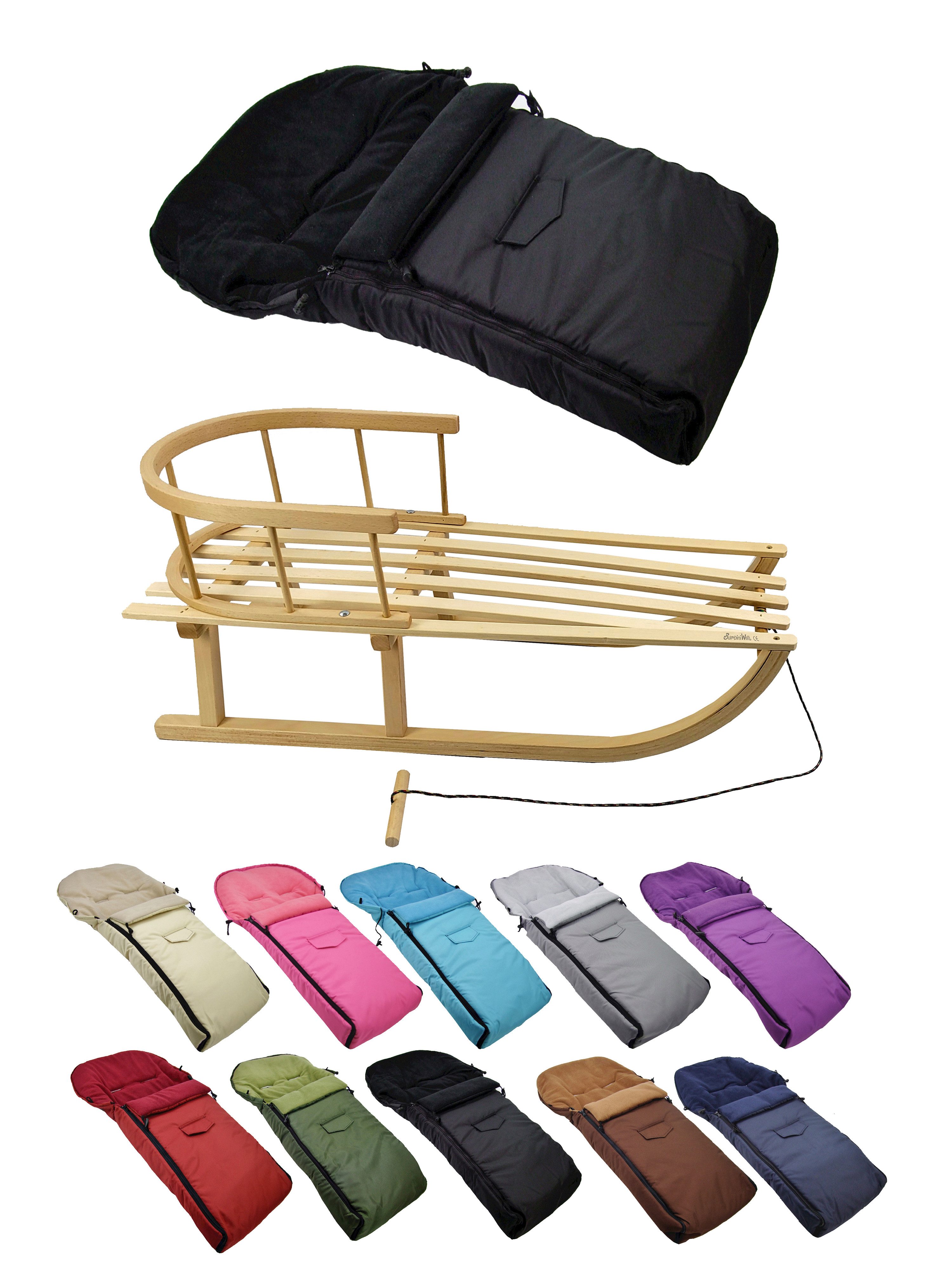 BambiniWelt by Rafael K. Davoser Schlitten CE-HOLZSCHLITTEN mit Rückenlehne Zugleine + WINTERFUßSACK Fleece 90cm
