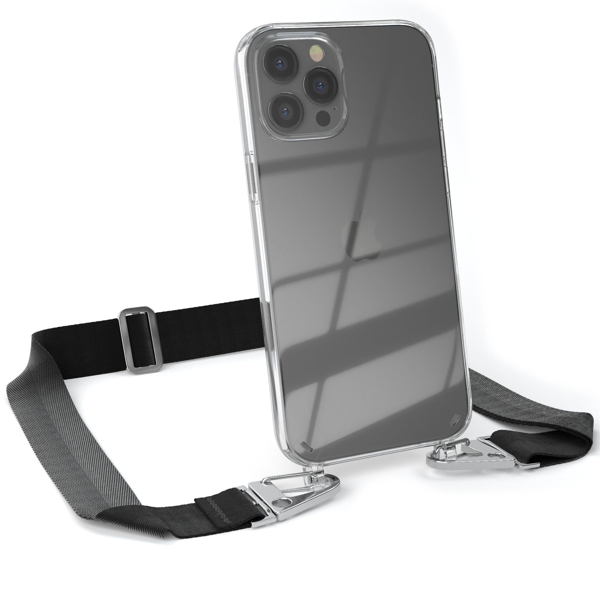 EAZY CASE Handykette Silikon Kette Karabiner für iPhone 12 Pro Max 6,7 Zoll, Schutzhülle zum Umhängen Handyhülle mit Umhängeband Schwarz Silber