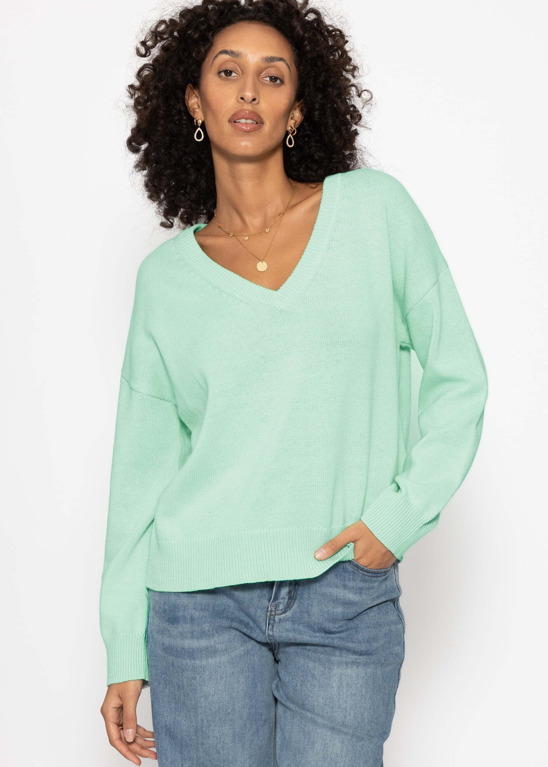 SASSYCLASSY Strickpullover Oversize Baumwoll-Pullover für Damen Lässiger Pullover mit V-Ausschnitt und gerippten Abschlüssen