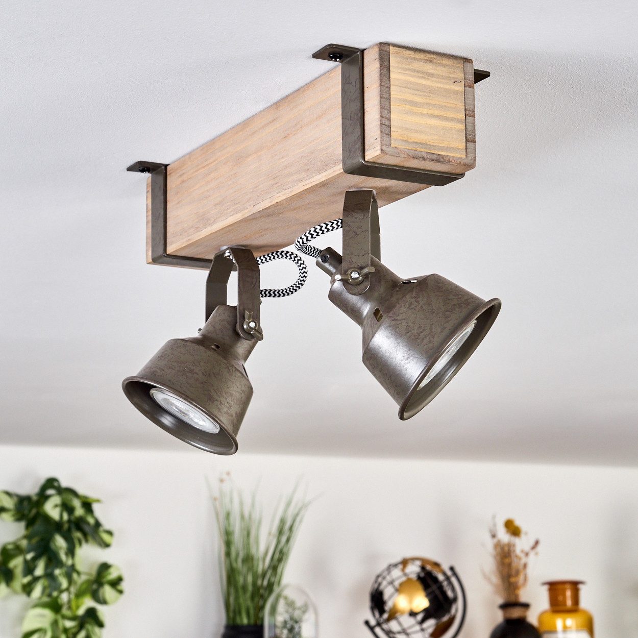 hofstein Deckenleuchte moderne Deckenlampe aus Metall/Holz in Grün-Grau/Natur, ohne Leuchtmittel, Deckenleuchte mit verstellbaren Schirmen, 2 x GU10 ohne Leuchtmittel