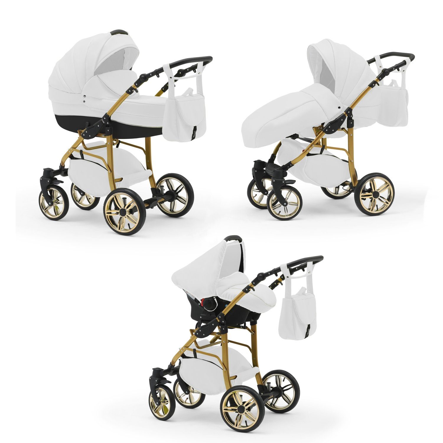 babies-on-wheels Kombi-Kinderwagen 3 in 1 Kinderwagen-Set Cosmo Gold- 16 Teile - in 46 Farben Schwarz-Weiß