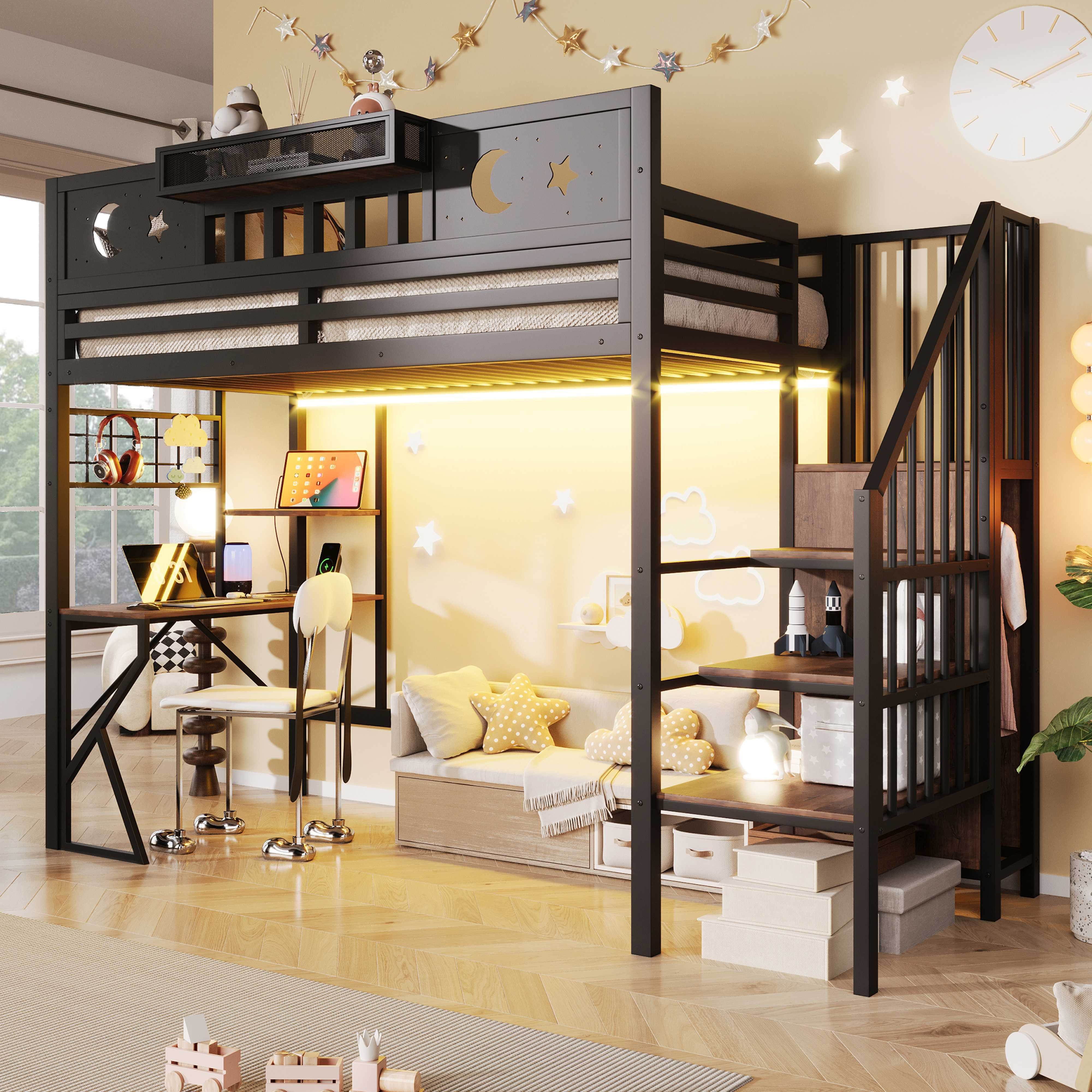 BlingBin Hochbett 90/140x200 cm Kinderhochbett Jugendbett mit Schreibtisch LED (3 Packung, 1-St., Treppe mit Stauraum,Regalen,USB-Anschluss und Mond-Stern-Design) Bettgestell aus Metall,Rausfallschutz,K-förmige Beine,Ohne Matratze