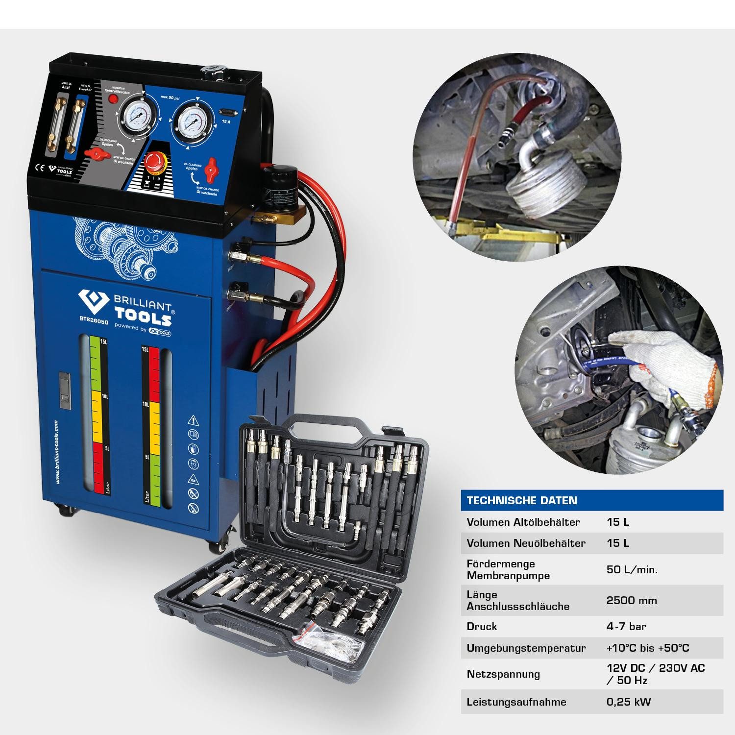 Brilliant Tools Ölauffangwanne Getriebespülgerät für Automatikgetriebe inklusive 35-tlg Adapter-Satz