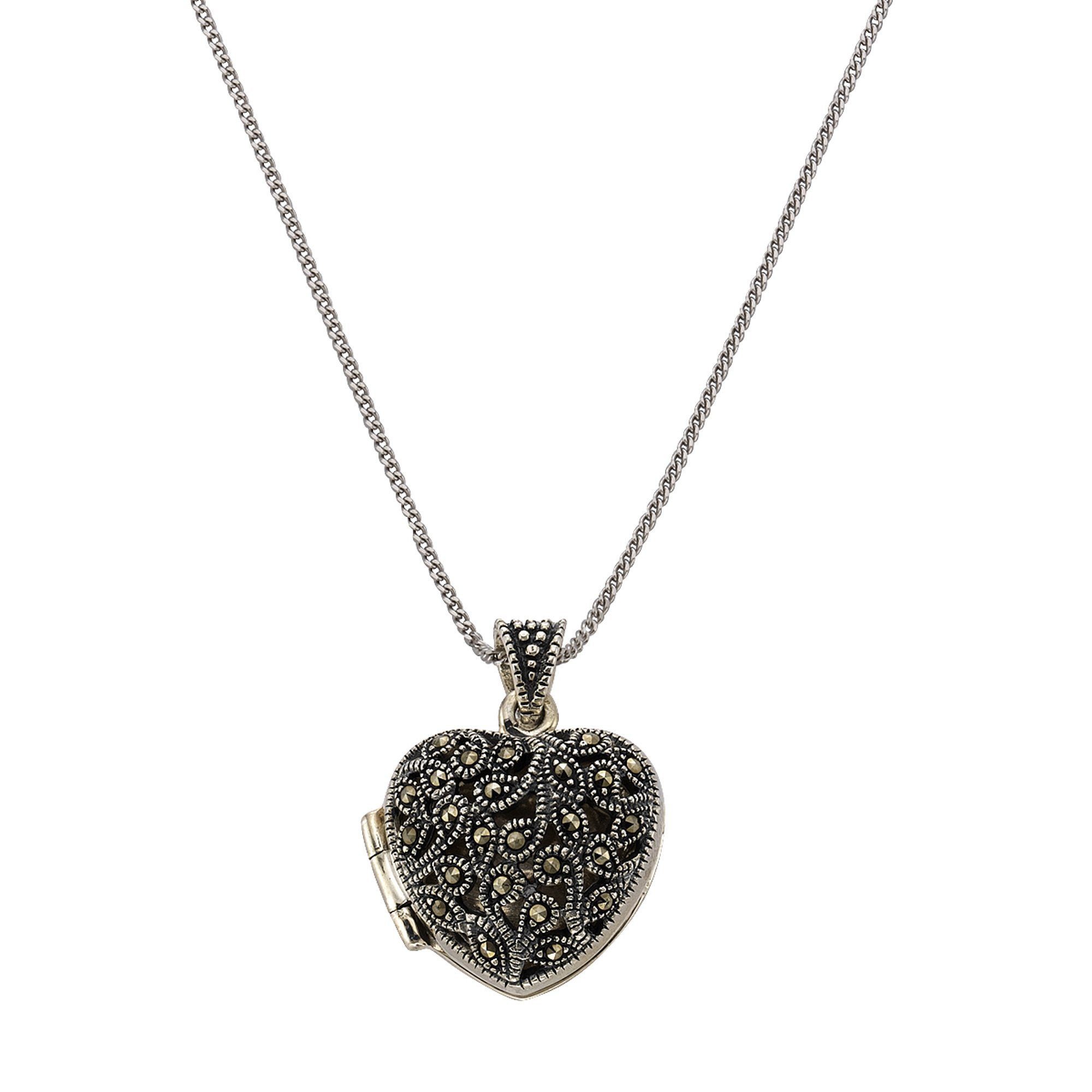 Zeeme Kette mit Anhänger Silber 925 oxidiert Medaillon Herz-Form mit 25x Markasit