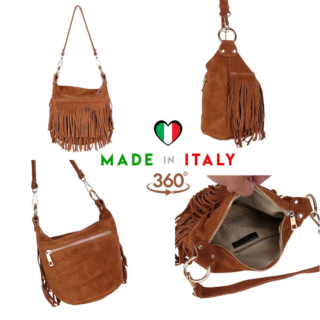 MIRROSI Umhängetasche Damen Tasche aus Echtleder Wildleder –mit Fransen ca.22x20x15 cm (Made in Itlay), Crossbody aus echtem Leder, mit 2 Riemen – Bild 3 von 4