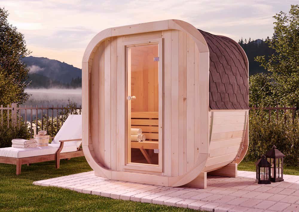 FinnTherm Fasssauna ScandiCube Mini XXS, BxTxH: 210 x 136 x 214 cm, 42 mm, in Naturbelassen Inkl. Fußboden