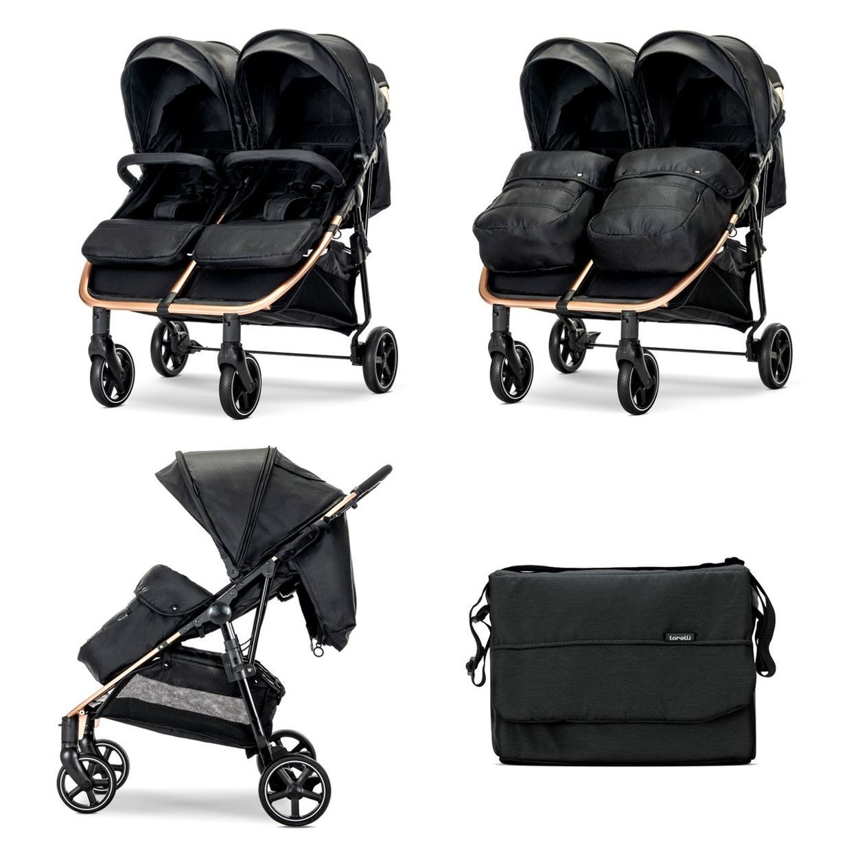 Lorelli Zwillings-Kombikinderwagen Geschwisterkinderwagen Duo, klappbar verstellbar Fußabdeckung Wickeltasche