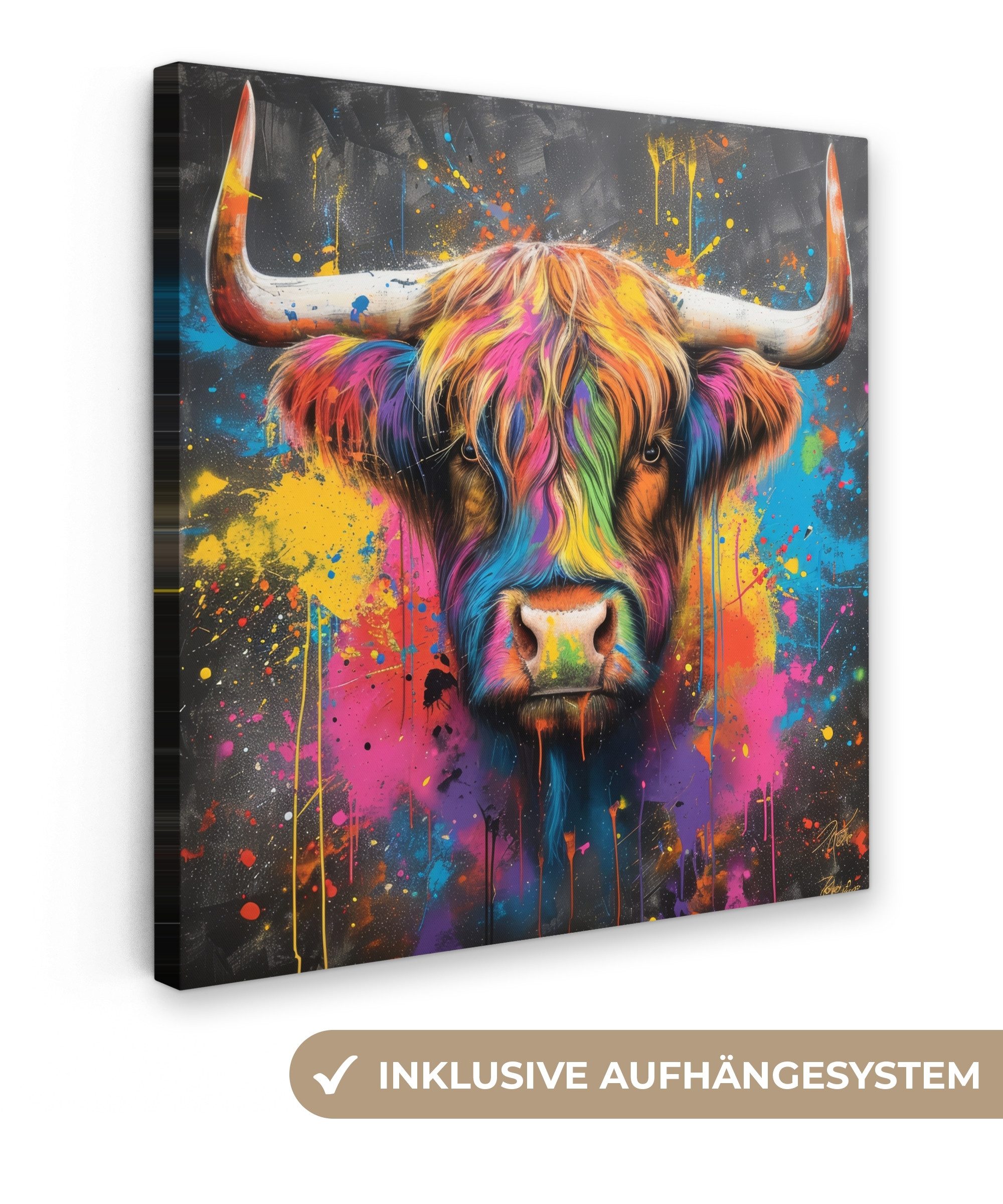 OneMillionCanvasses® Leinwandbild Graffiti - Schottische Highlander - Kuh - günstig online kaufen