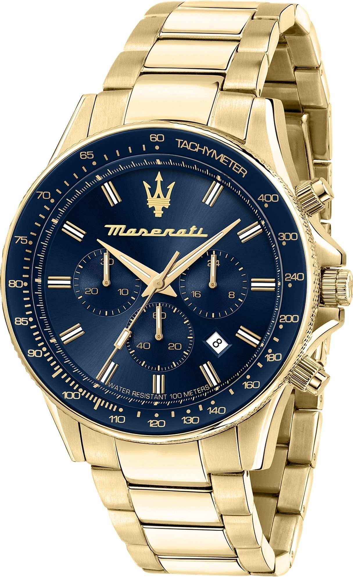 MASERATI Chronograph Maserati Herren Uhr Chronograph, Herrenuhr rund, groß (ca. 44mm) Edelstahlarmband, Made-In Italy blau, gold