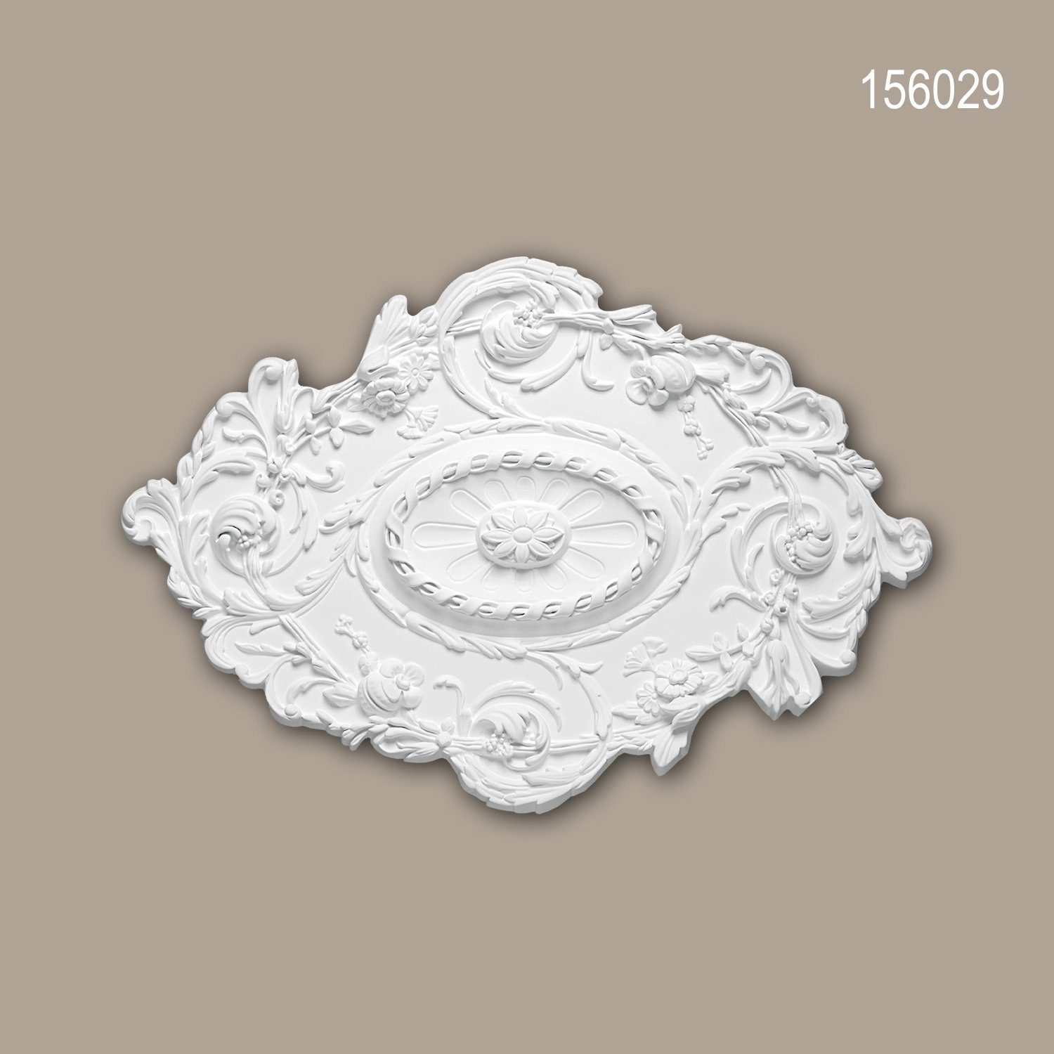 Profhome Decken-Rosette 156029 (Rosette, 1 St., Deckenrosette, Medallion, Stuckrosette, Deckenelement, Zierelement, 76,7 x 53,2 cm), weiß, vorgrundiert, Stil: Rokoko / Barock
