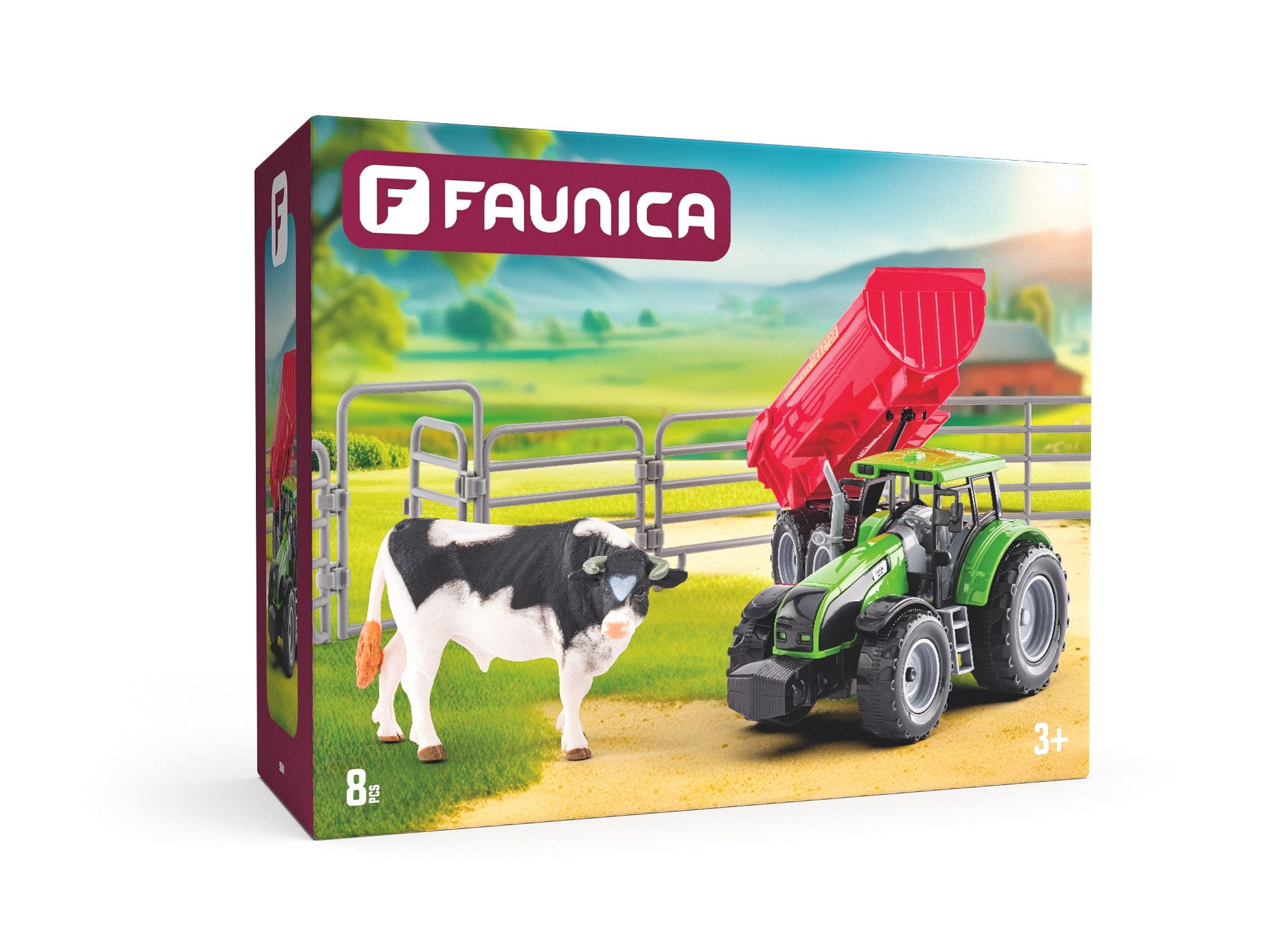 Woodyland Lernspielzeug Faunica Stier, Gatter, Traktor mit Anhänger und Kippfunktion (Bulle mit Traktor), Set`s der Reihe Faunica kombinierbar