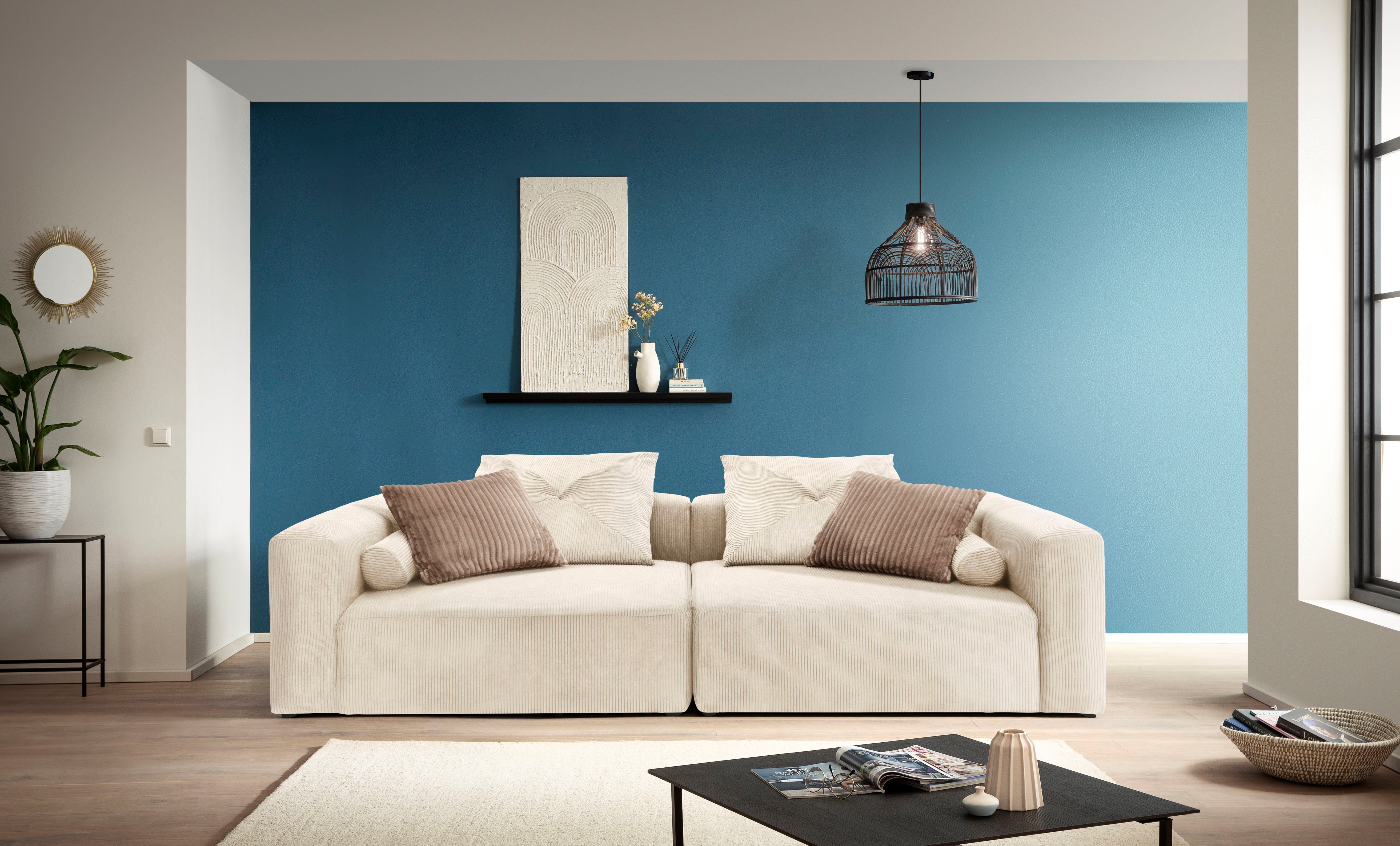 INOSIGN Big-Sofa Suyana mit Federkern, B/T/H: 304/135/69 cm, Zierkissen + Kissenrollen, grosszügiges, gemütliches Megasofa, viel Platz zum Relaxen, Cord-Bezug