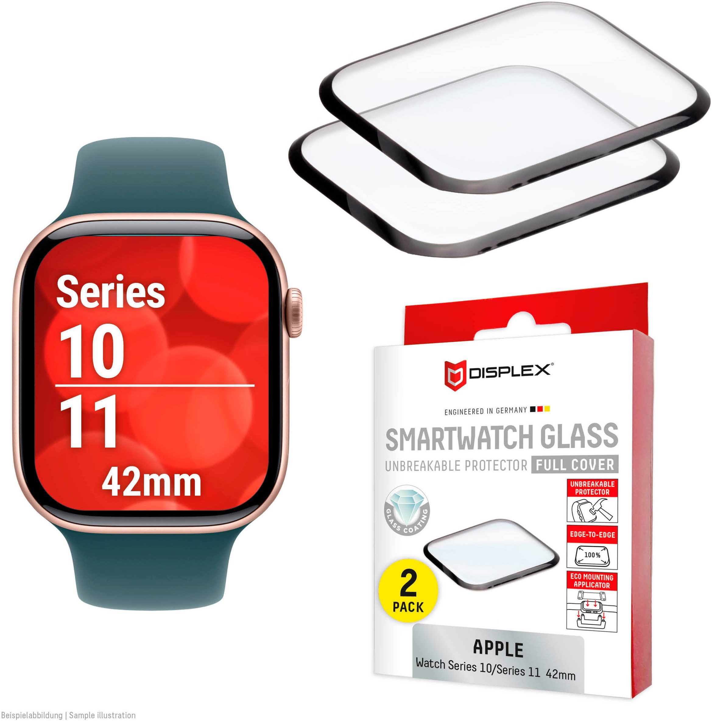 Displex Displayschutzglas Smartwatch Glass Unbreakable Protector Full Cover für Apple Watch Series 10 42 mm, Apple Watch Series 11 42 mm, Packung, Displayschutzfolie, Schutzfolie, Bildschirmschutz, kratz- & stoßfest