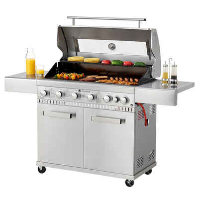 Juskys Gasgrill Minnesota, 6+1 Brenner, 20,3 kW, Gusseisen Rost, Thermometer, Seitenablagen