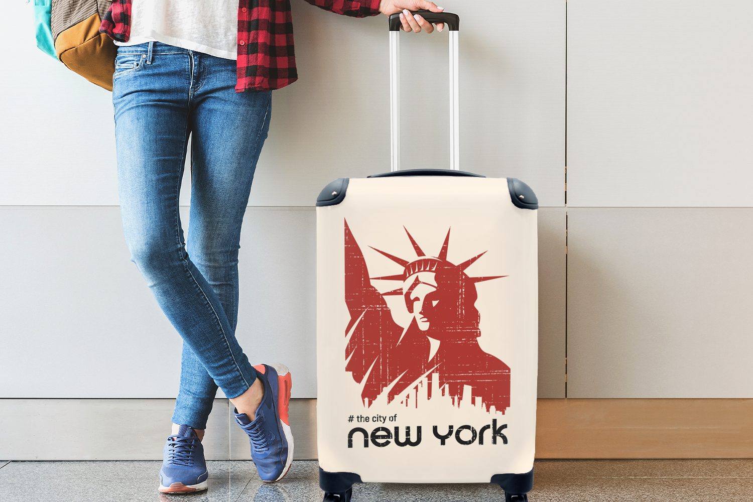 Handgepäckkoffer Freiheitsstatue Reisetasche rollen, mit Rollen, - Trolley, für Reisekoffer - Handgepäck Ferien, 4 MuchoWow New York Rot,