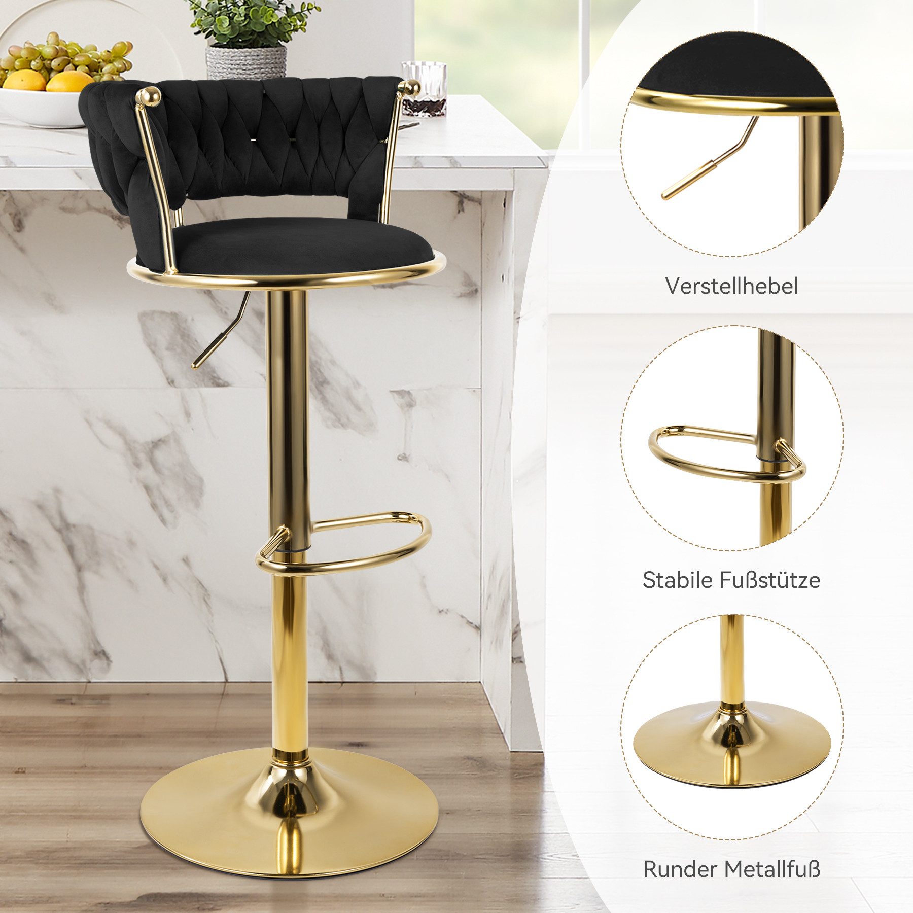 HawthyHome Barhocker Barstuhl mit Rückenlehne und Fußstütze höhenverstellbar drehbar (2 St), mit goldener Metallbasis, Schwarz – Bild 4 von 5
