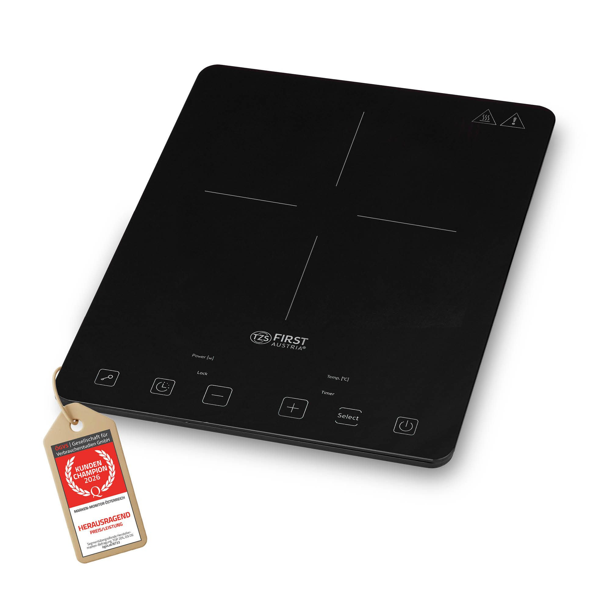 TZS FIRST AUSTRIA Einzelkochplatte 2000W, Induktionskochplatte, 10 Temperaturstufen & Timer, Slim Design, Kindersicherung, Überhitzungsschutz, digitale Steuerung