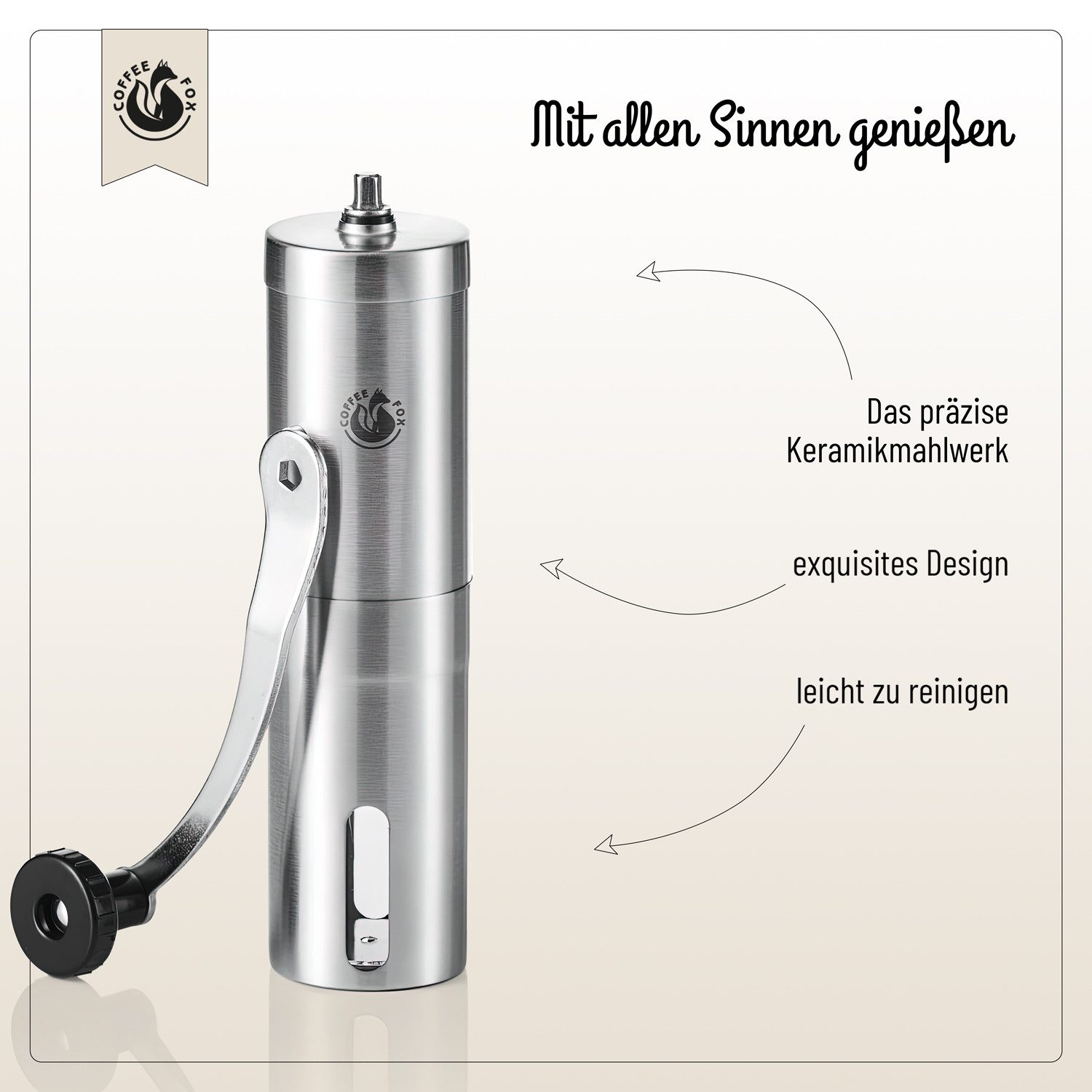 Coffee Fox Kaffeemühle Präzisions-Handkaffeemühle aus Edelstahl–Ideal für Zuhause & unterwegs, Keramik Mahlwerk, Handkaffeemühle