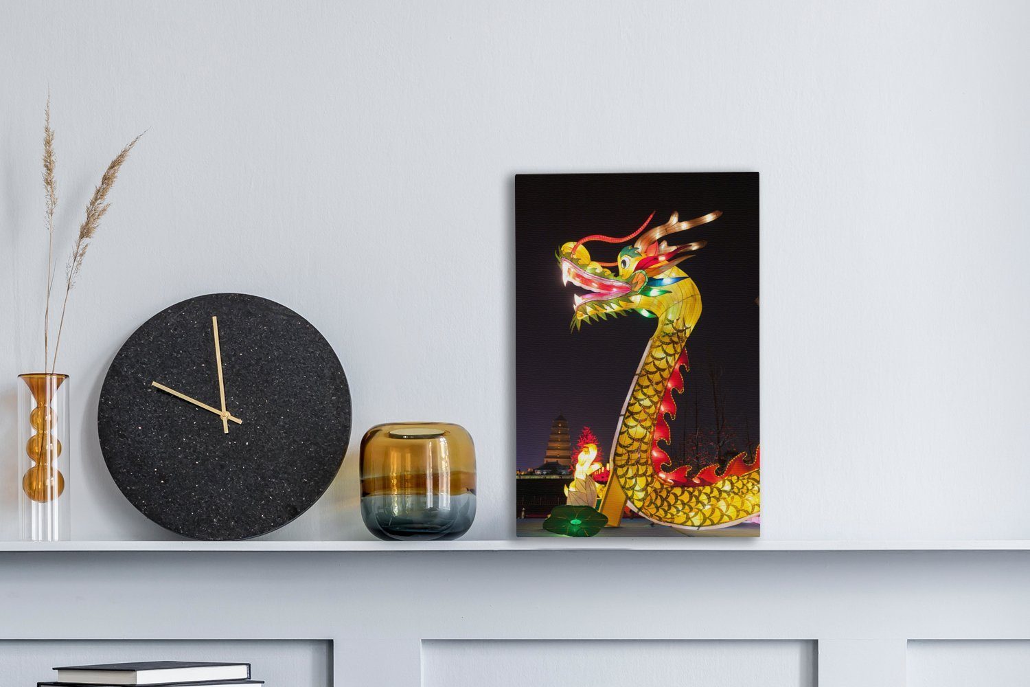 OneMillionCanvasses® Leinwandbild Chinesischer Drache mit St), cm Zackenaufhänger, (1 Nacht, inkl. bespannt in Leinwandbild 20x30 Licht fertig Gemälde, der