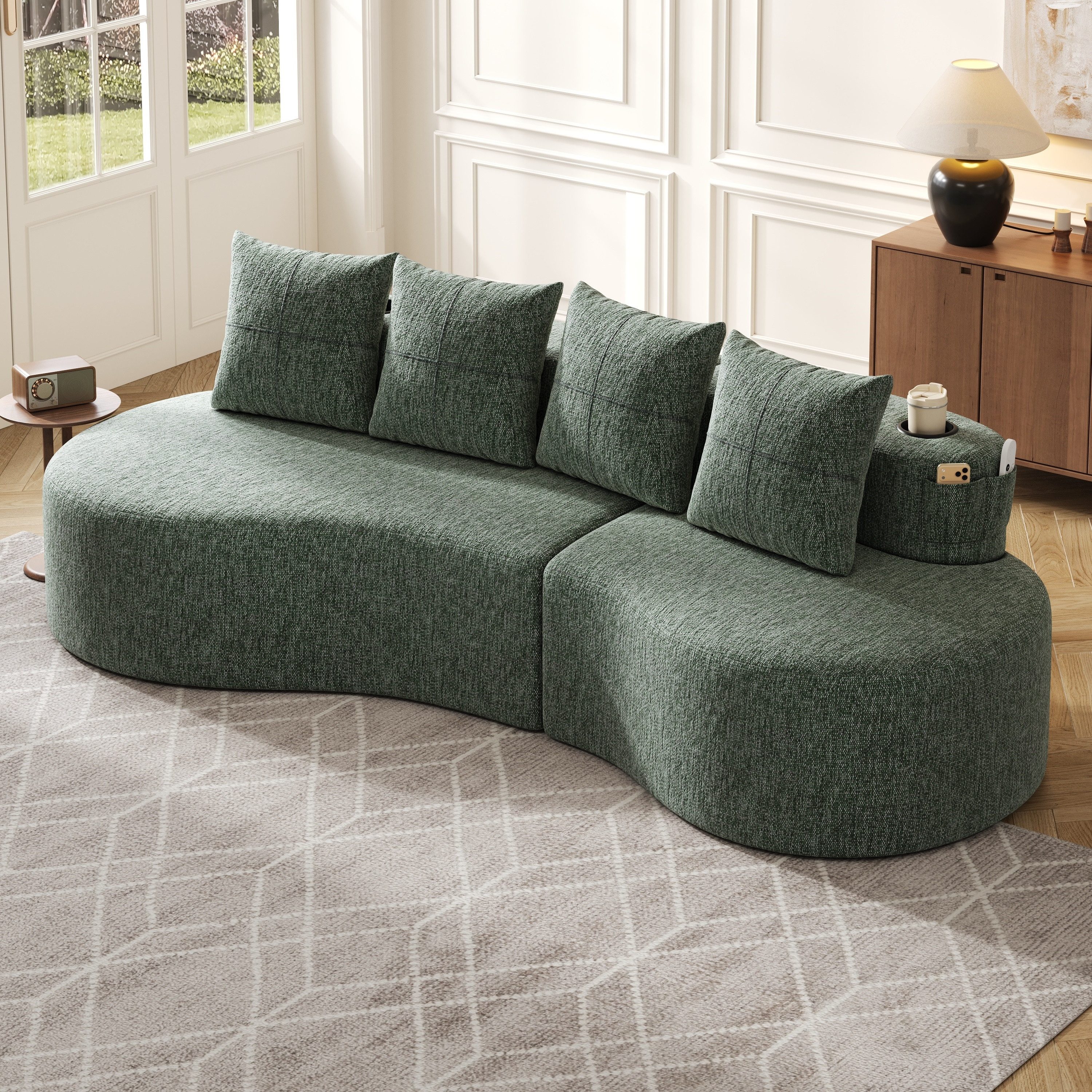 KLAM HOME Sofa Sofa 240x109x63cm Leinenstoff, 4 Kissen 4-Sitzer Wohnzimmer, Hochdichtschaum Federstücke, Integrierter Tassenhalter, Atmungsaktiv Strapazierfähig, 250kg Tragfähigkeit Einfache Montage