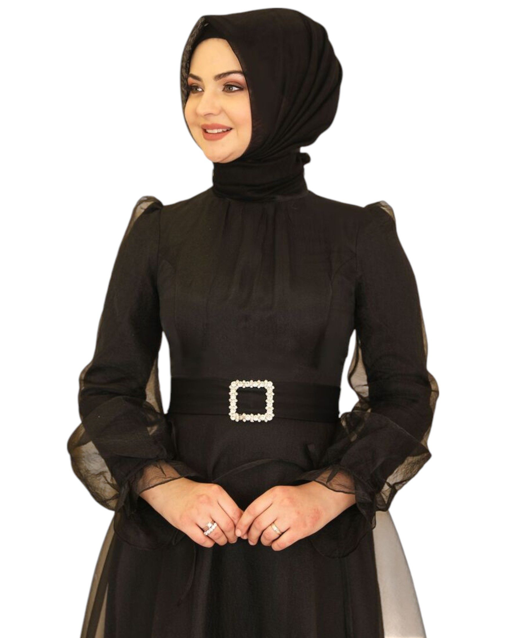 Modavitrini Abendkleid Damen Tüll Maxikleid Langarm – Festkleid mit Gürtel Modest Fashion Gürtel mit Schmucksteinen