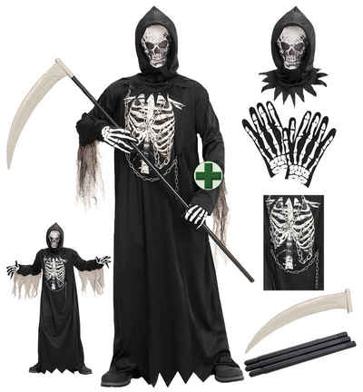 Karneval-Klamotten Kostüm Skelett Kind Grim Reaper mit Knochenaufdruck, Kinderkostüm Jungen Halloween MIT Totenkopf Maske Sense Handschuhe