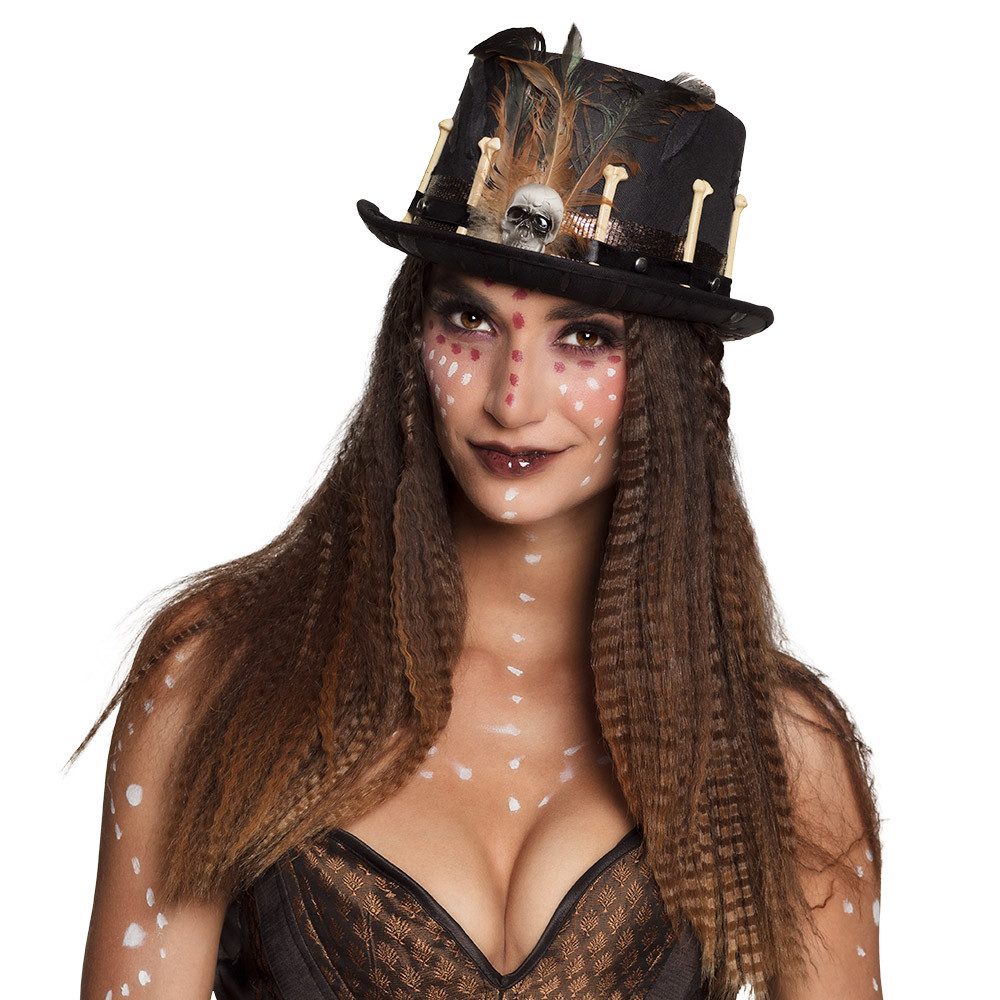 Hexen-Kostüm Hut Voodoo Nana schwarzer Hexenhut mit Knochen Federn für Halloween
