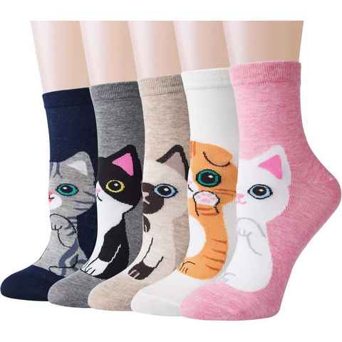 Alster Herz Freizeitsocken 5 Paar Damen bunte Socken, niedliche Katze Motiv, A0490 (5-Paar) lustige bunte Socken für Damen