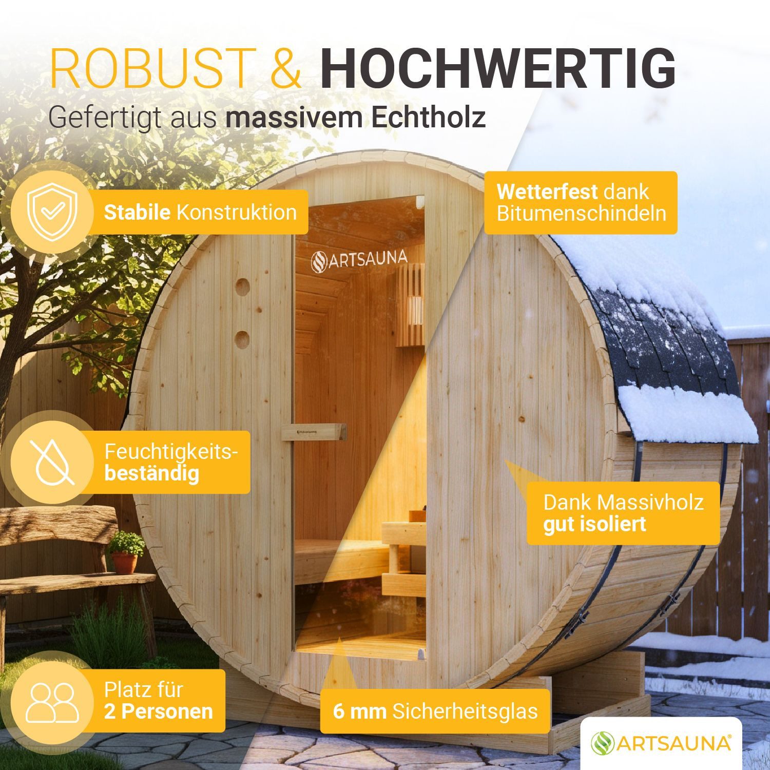 Artsauna Fasssauna Spitzbergen 120, BxTxH: 191 x 120 x 193 cm, für 2 Personen, Fichtenholz, 3,6 kW Elektro-Ofen, Komplett-Set