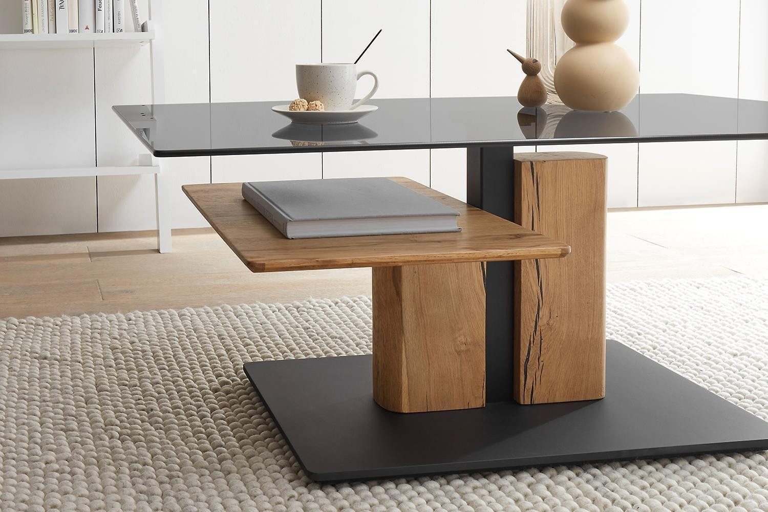 Couchtisch DALKOR, Braun, Grau, Schwarz, Glasplatte, Eichenholz massiv und geölt, Höhnverstellbar, B 105 x T 65 cm