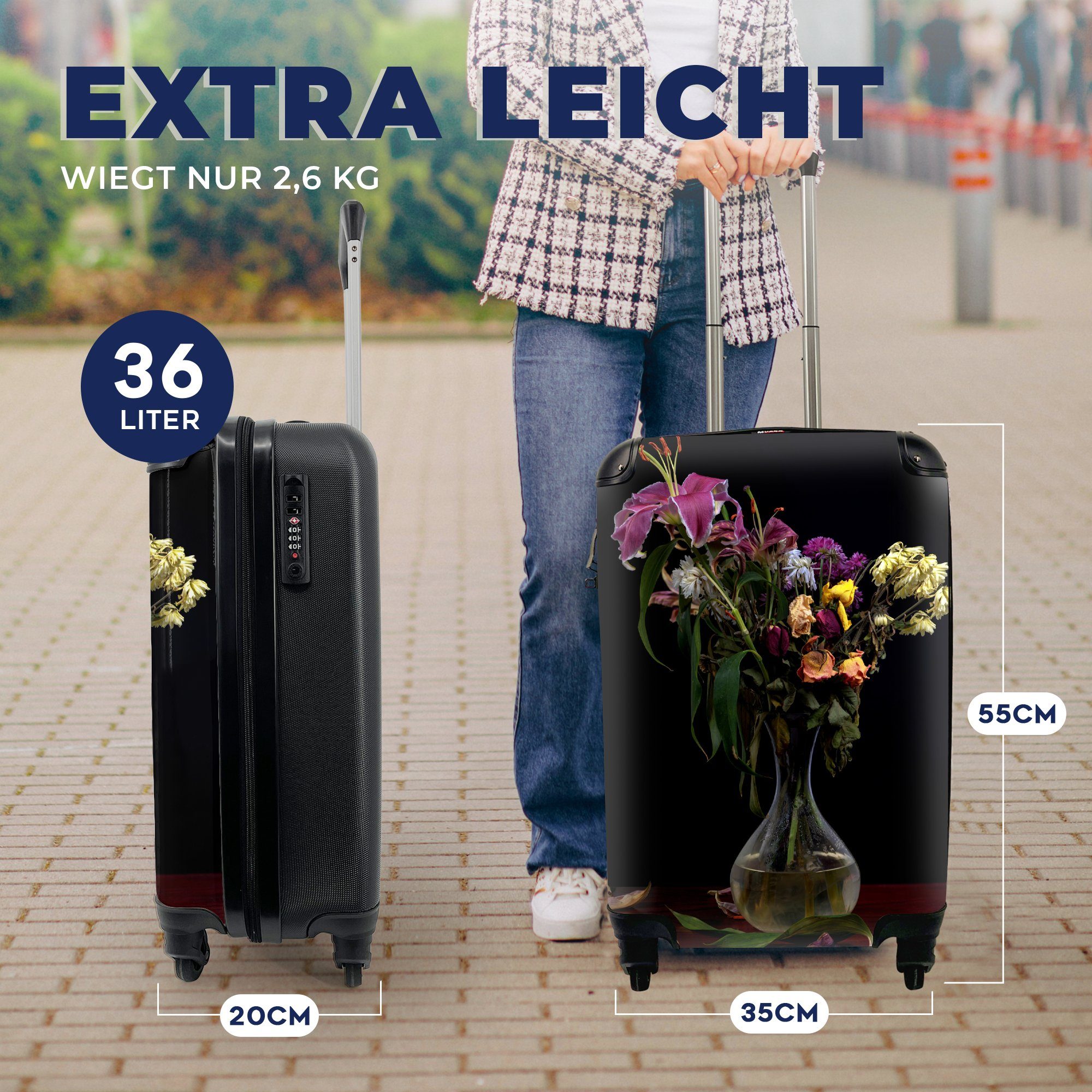 Trolley, 4 Rollen, mit Handgepäckkoffer Reisekoffer für Verwelkt rollen, Stilleben, Reisetasche MuchoWow - Ferien, Blumen Handgepäck -