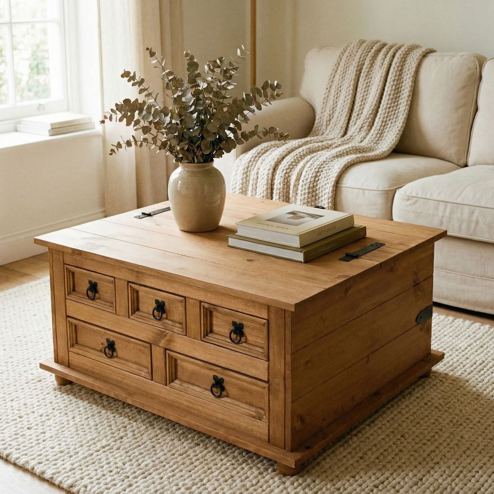 IDIMEX Truhentisch TEQUILA, Mexico Truhe mit Deckel & 5 Schubkästen, Kiefer Massivholz gewachst