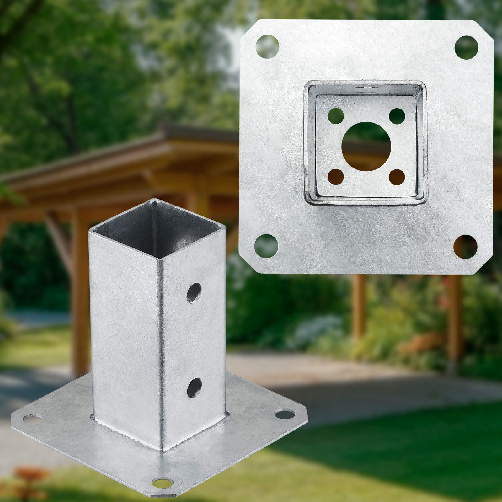 SO-TECH® Pfostenträger für Vierkantholz, zum Aufschrauben, aus Stahl feuerverzinkt, (Spar-Set, 2-St), Höhe 122 mm, Terrasse Gartenpfosten 50 x 50 mm mit Schraub – Bild 4 von 5