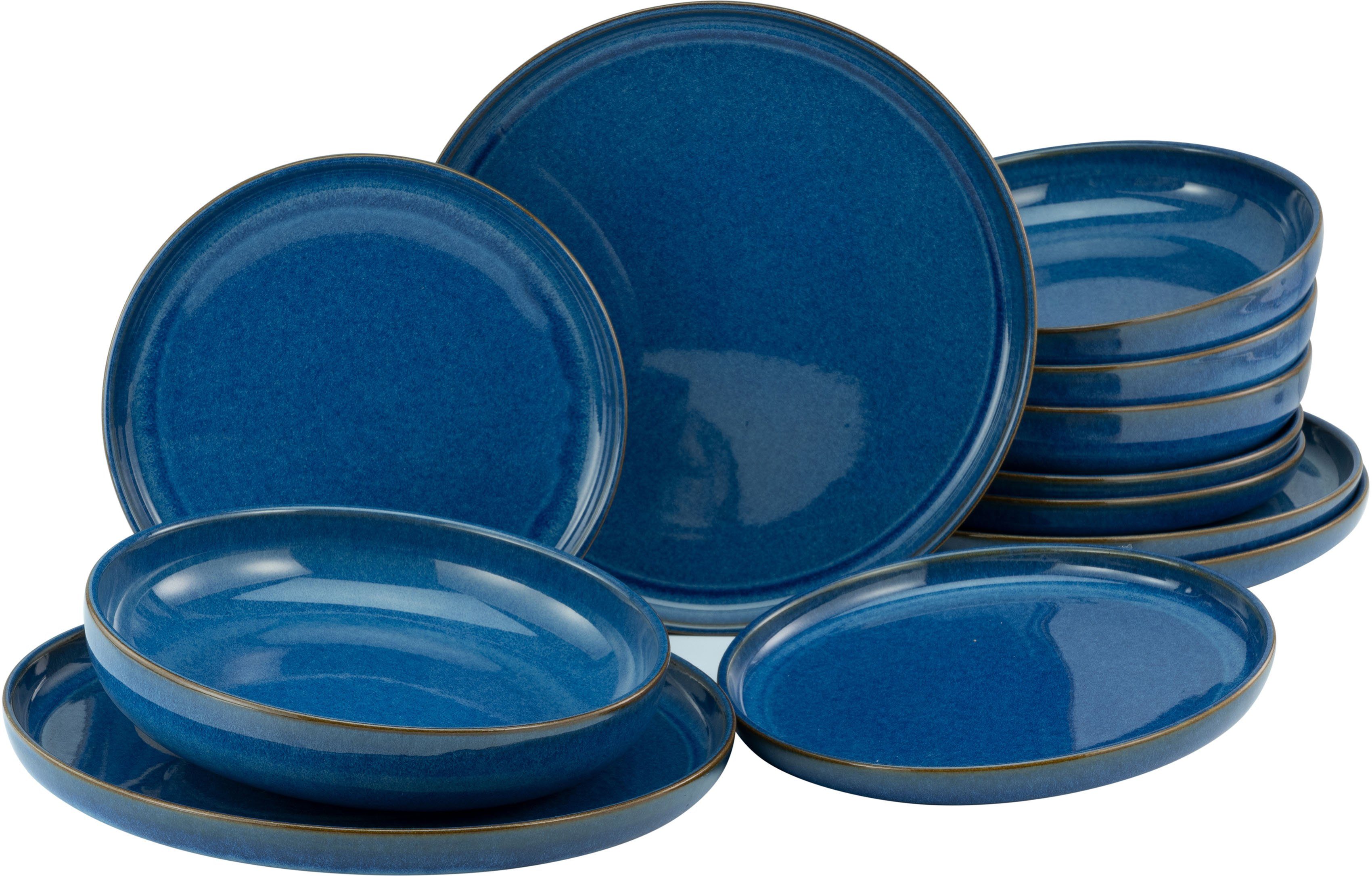 CreaTable Tafelservice Teller Set, Geschirr-Set Atlantico (12-tlg), 4 Personen, Steinzeug, Service, mit Kobalt-Blau-Reaktivglasur, 12 Teile, für 4 Personen