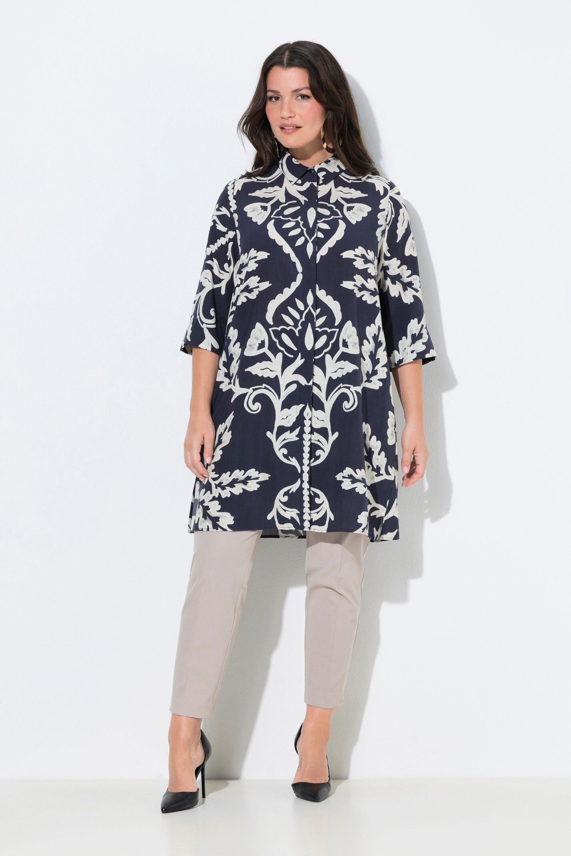 Longbluse Longbluse Lyocell A-Linie Hemdkragen 3/4-Arm