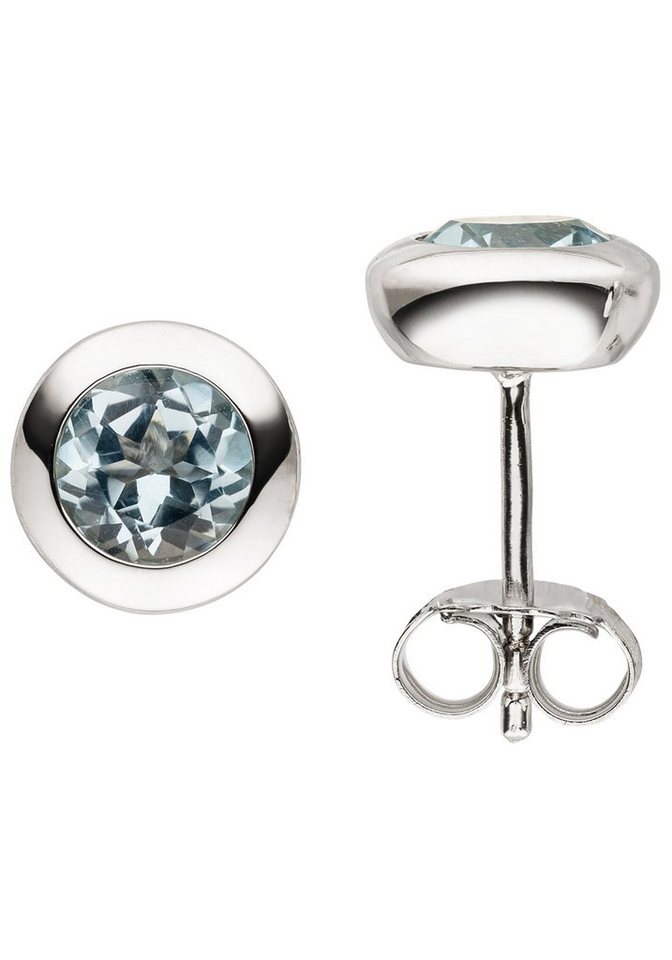 JOBO Paar Ohrstecker rund, 925 Silber mit Blautopas, Juwelierqualität der  Marke JOBO