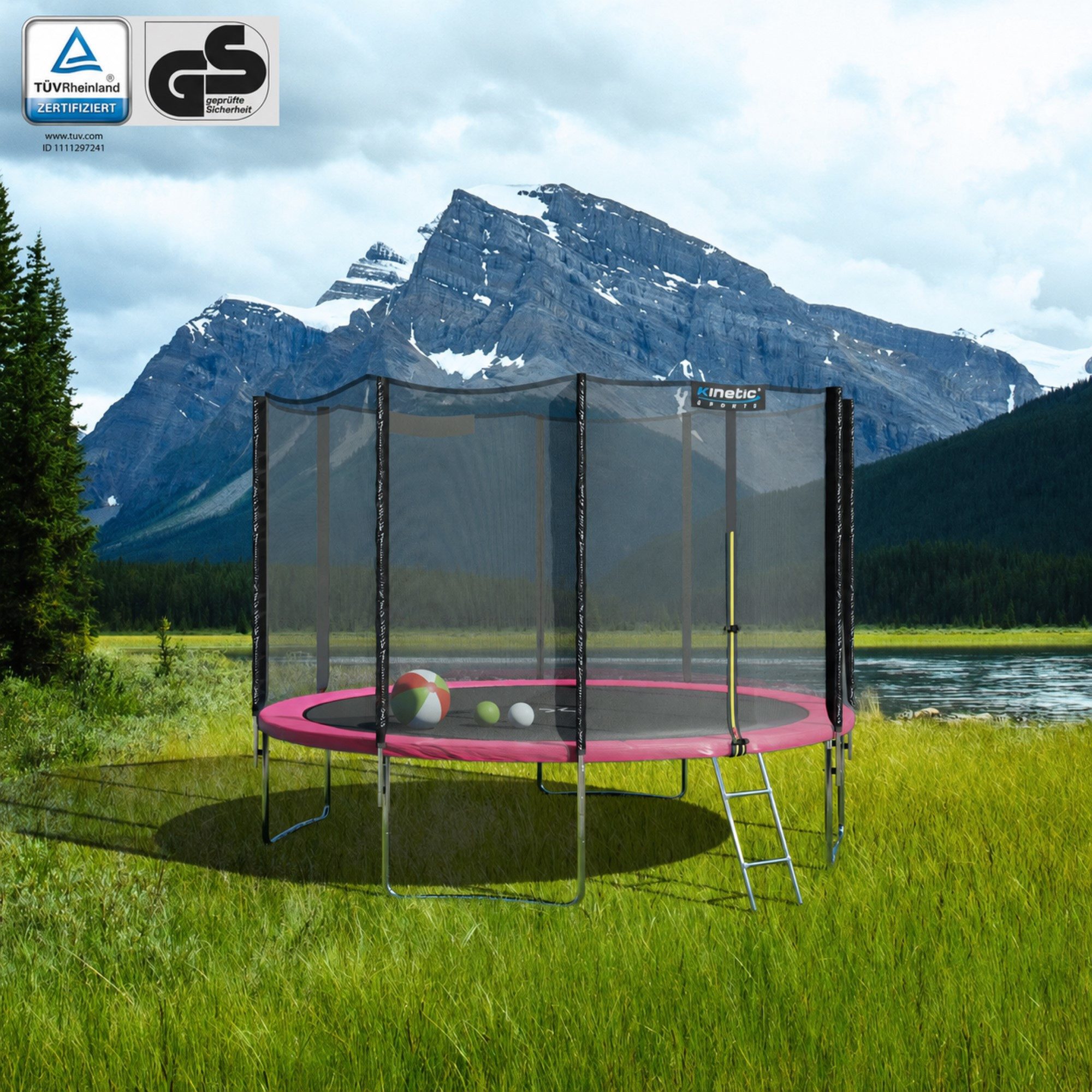 Kinetic Sports Gartentrampolin SALTO PLUS, Ø 305 cm, Komplett-Set mit Leiter, Regenplane, Einstiegsleiter