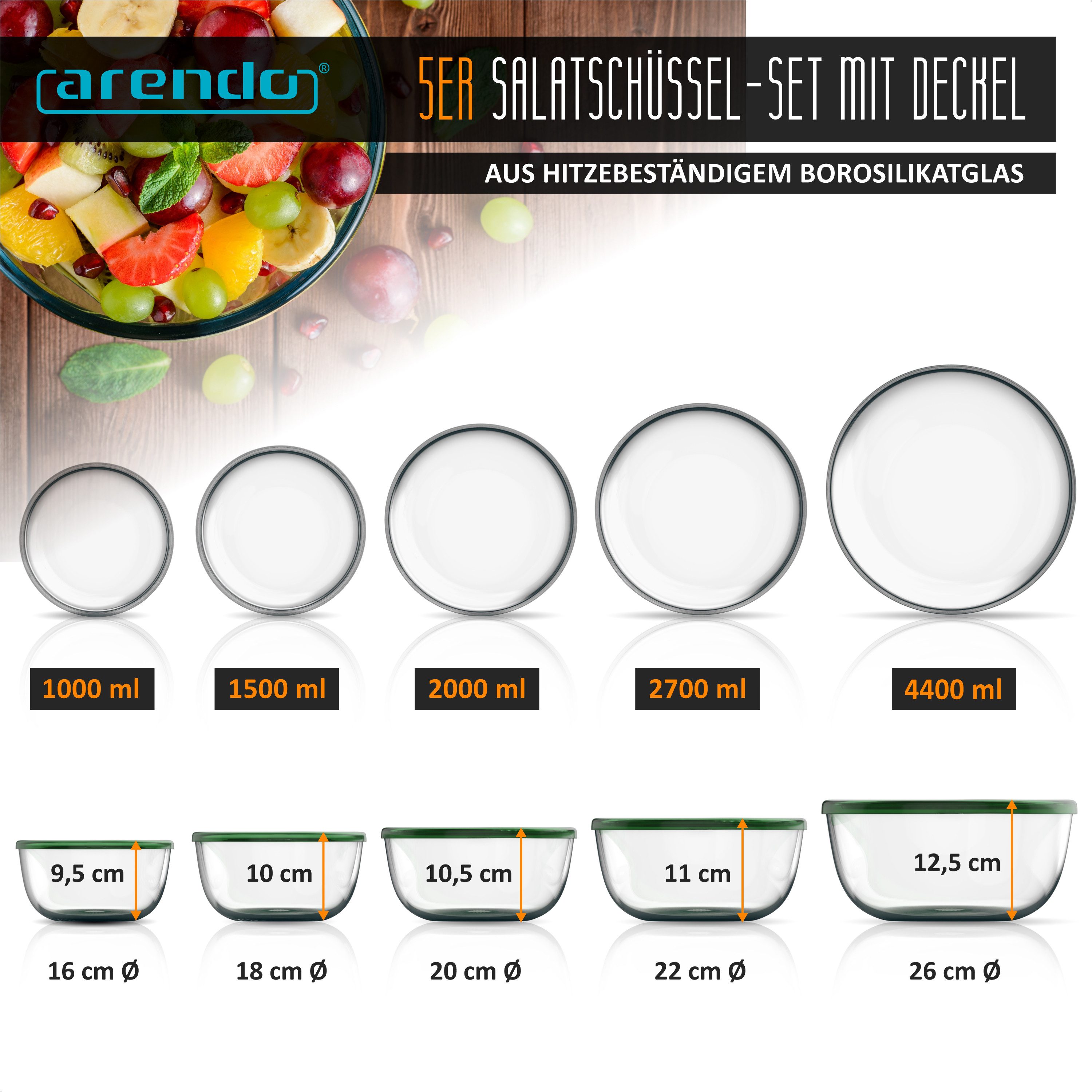 Arendo Salatschüssel 5x Glasschüsseln + Deckel 1L, 1,5L, 2L, 2,7L & 4,4L, Glas Rührschüssel, Glas, (5er Set, 5-tlg), Glasschale, BPA-frei, Spülmaschinen und Mikrowellen geeignet