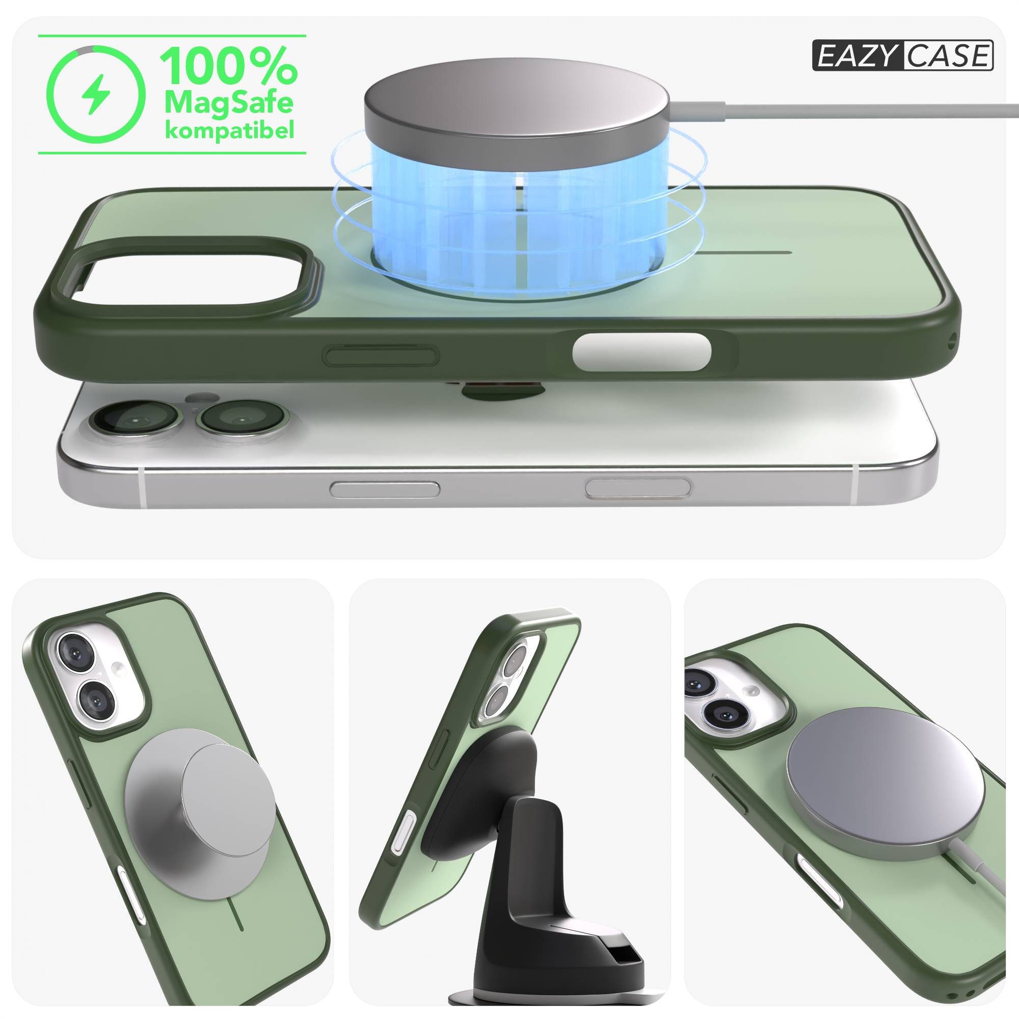 EAZY CASE Handyhülle Slim Outdoor MagSafe Case für Apple iPhone 16 6,1 Zoll, Outdoor Case mit Magnetring & sicherem Halt in Dunkelgrün