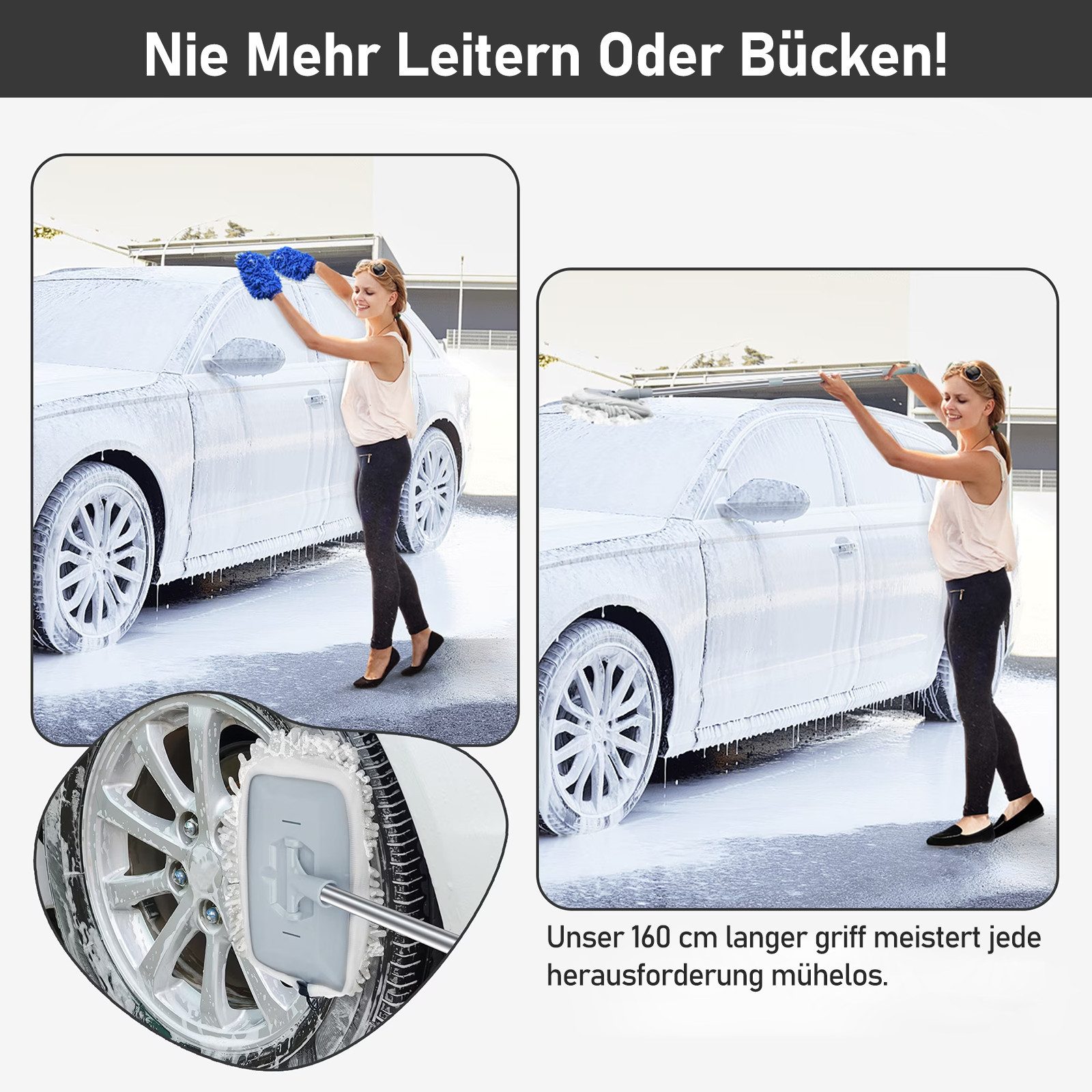 HUGERSTONE Autowaschbürste 180 Drehbar Auto Reinigungsbürste, Auto Waschbürste mit Teleskopstiel, Waschbürst für PKW SUV LKW Wohnmobil Fenster Boote, (Autowasch – Bild 3 von 5