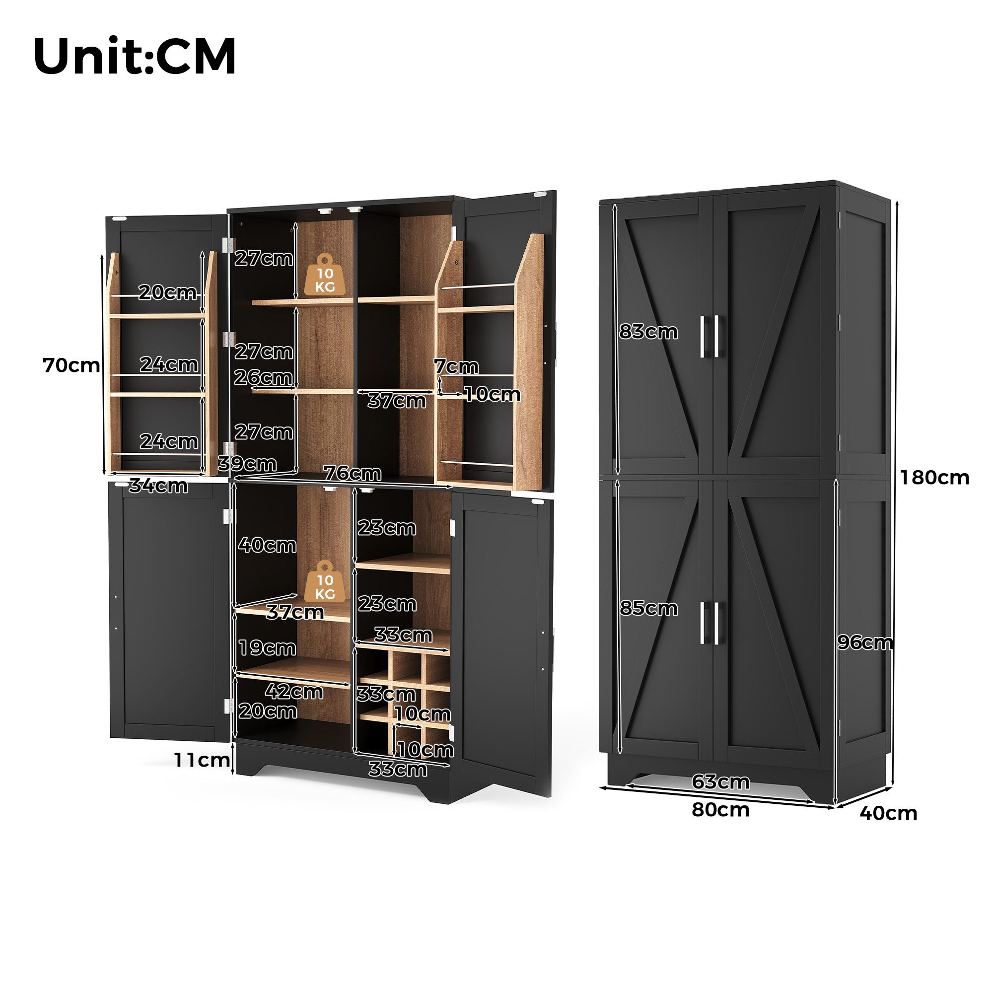 Celya Küchenbuffet Küchenschrank, hoher Stauraumschrank mit 4 Scheunentor-Türen (80 × 40× 180 cm Aufbewahrungsschrank mit Weinregal und Türregal)