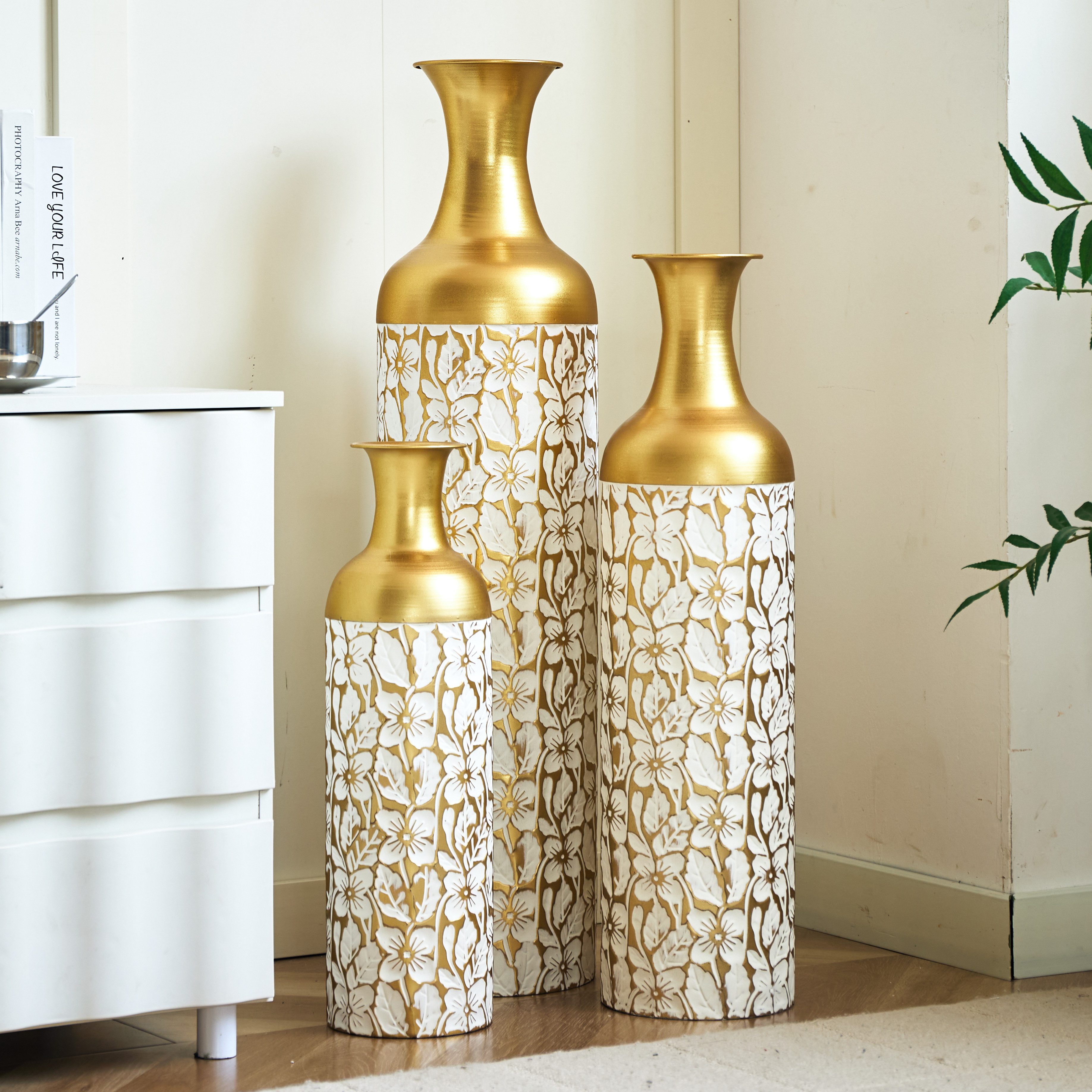 Celya Bodenvase Boden bis zur Decke reichende Vase – 83/65/50 cm hohes Metallvasen Set (für Wohnzimmer und Schlafzimmer, mit Pampasgraszweig, vom Boden bis zur Decke reichend), 3 Retro-Vasen vom Boden bis zur Decke, hohe dekorative Vase