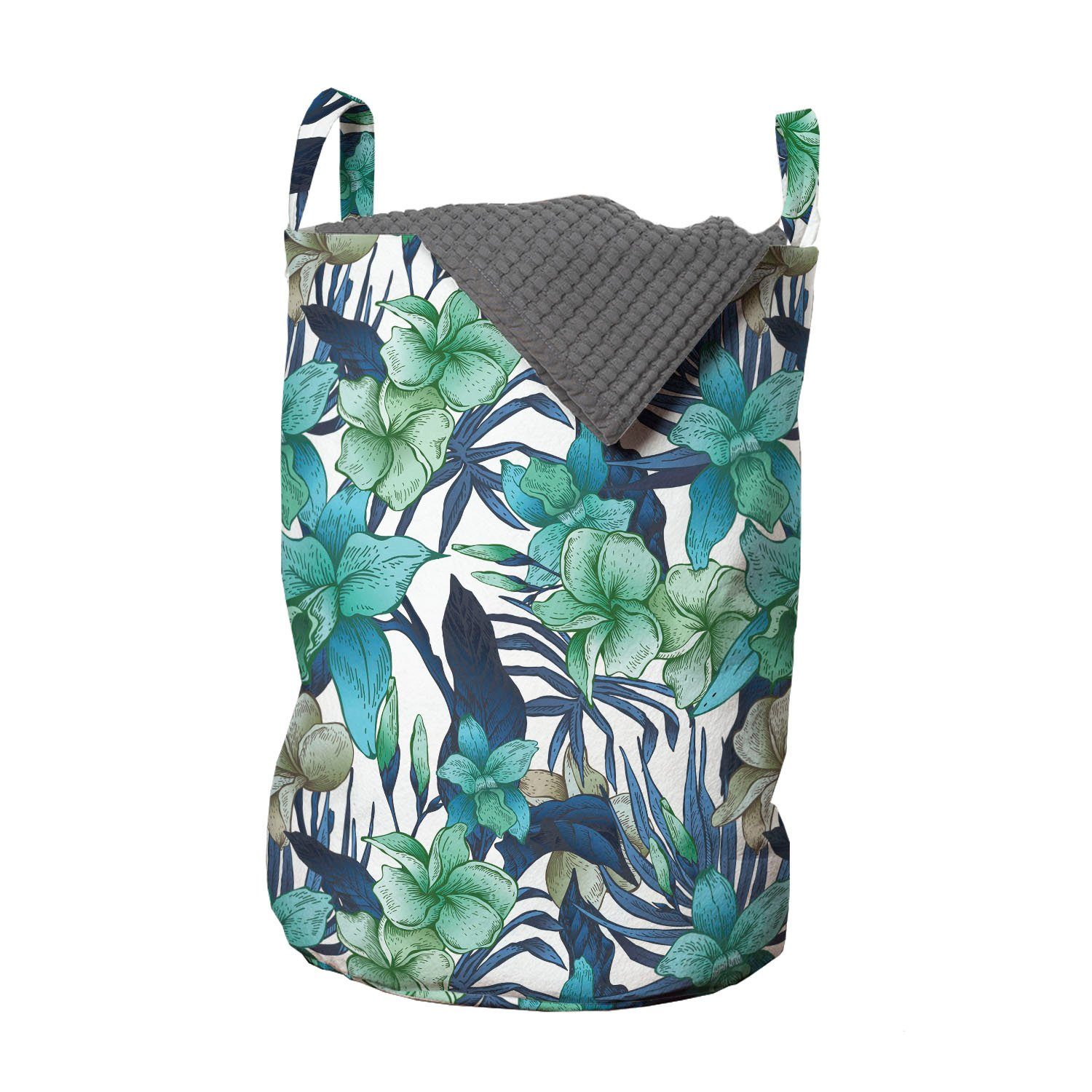 Abakuhaus Wäschesäckchen Wäschekorb mit Griffen Kordelzugverschluss für Waschsalons, Jahrgang Blau und Grün-Ton Blumen