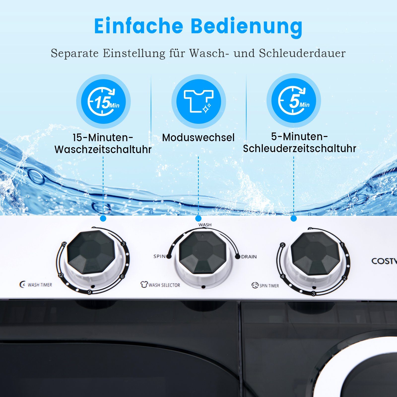 COSTWAY Waschmaschine Toplader FP10366DE/XPB65-2368S, 1320 6.5 kg, U/min Schwarz, Weiß