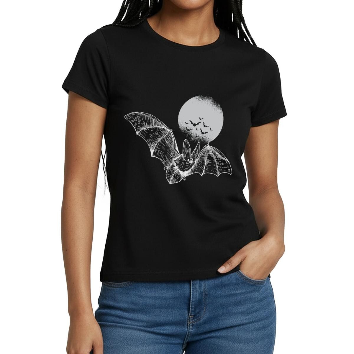 Spreadshirt T-Shirt Halloween Fledermaus Mit Vollmond Gruselig Frauen T-Shirt (1-tlg) Slim Fit, fällt klein aus