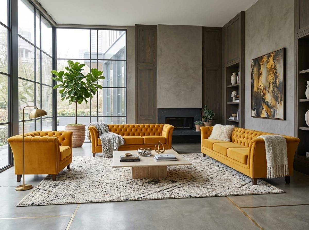 Xlmoebel Chesterfield-Sofa Dunkelgelbes Chesterfield-Sofa-Set mit 3+3+1-Sitzern, 3 Teile, Made in Europa
