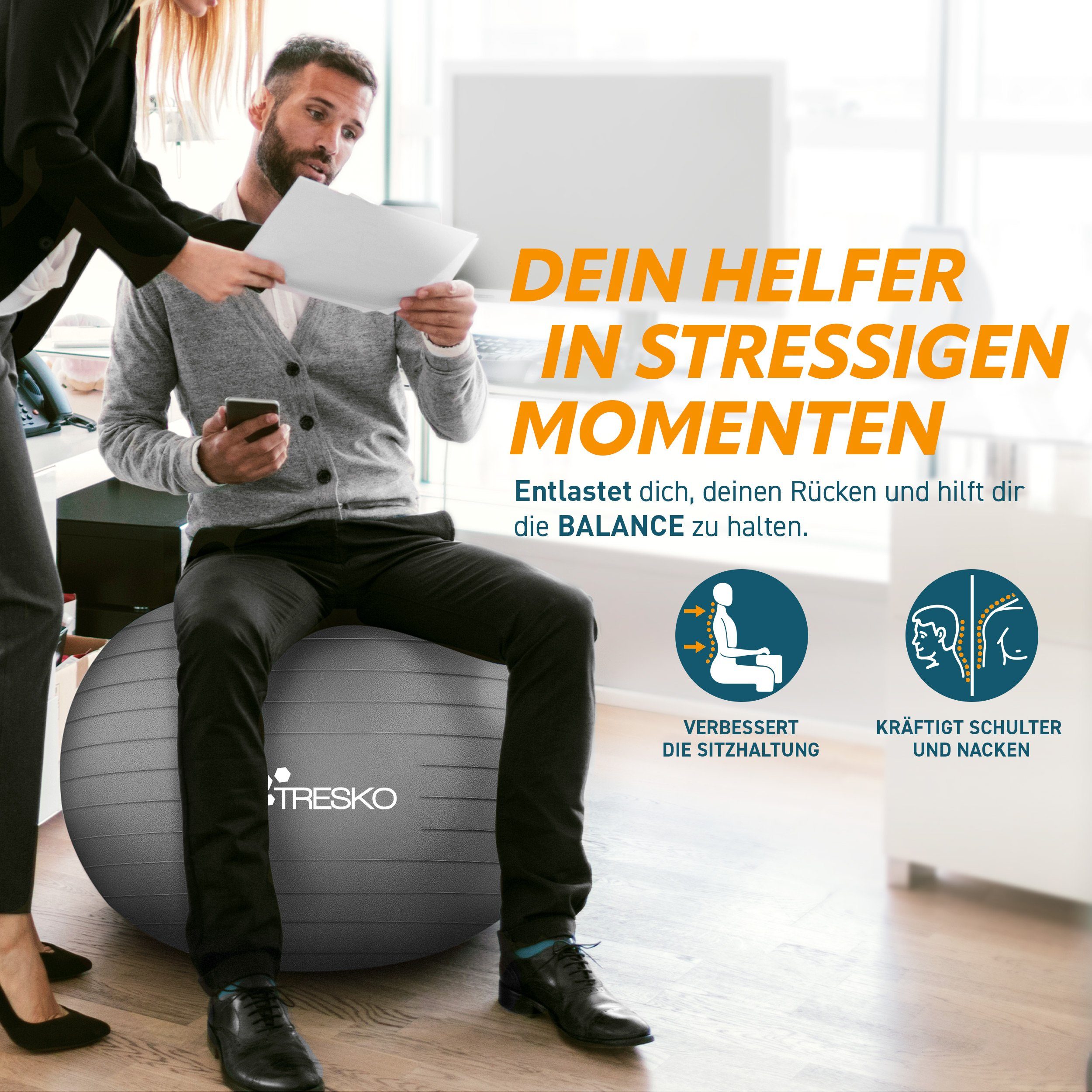 TRESKO Gymnastikball mit GRATIS Übungsposter inkl. Luftpumpe Yogaball, BPA-Frei Sitzball Büro Anti-Burst inkl. Luftpumpe, Fitnessball